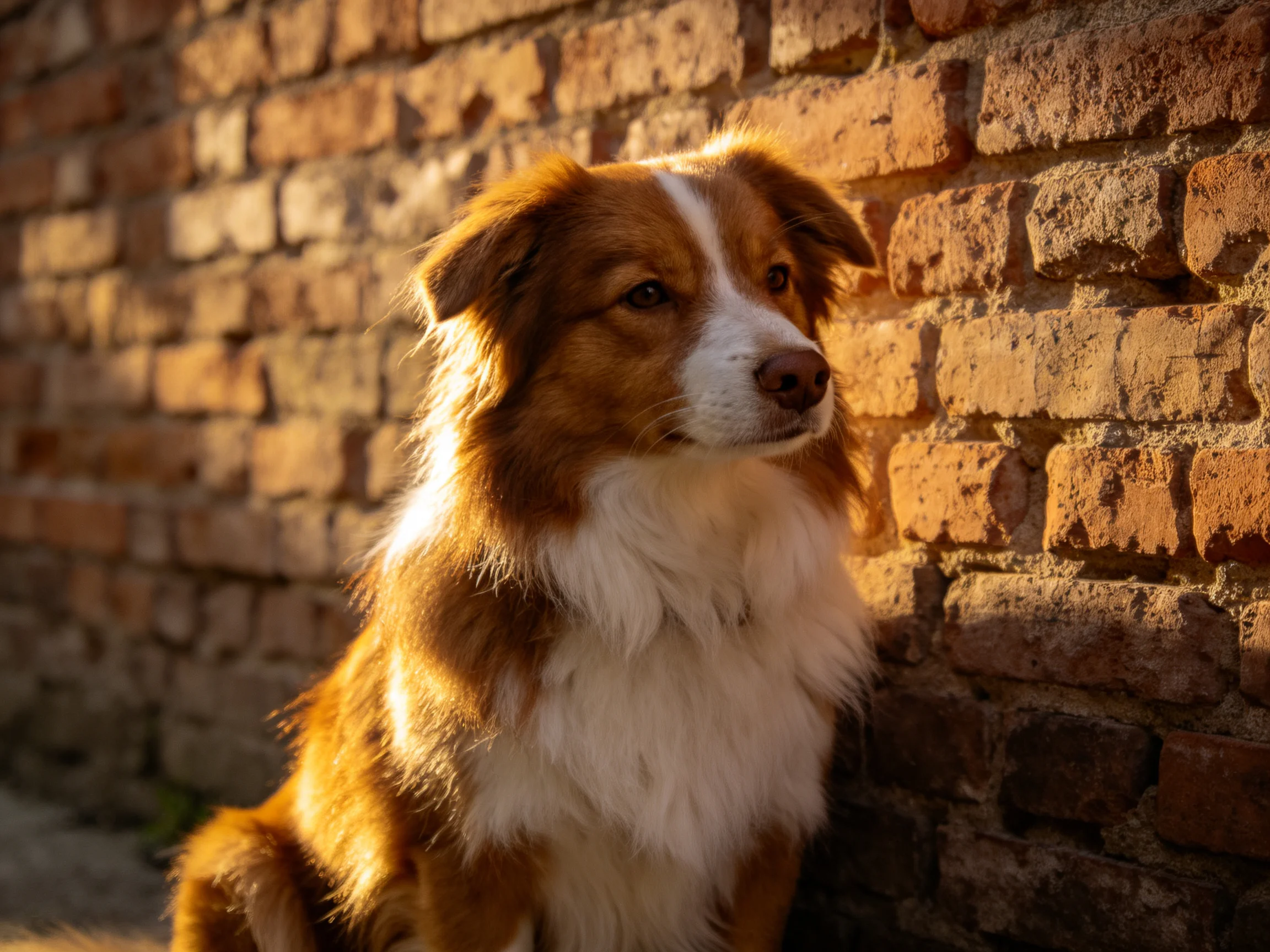 A brown and white dog sits beside a weathered reddish-brown brick wall