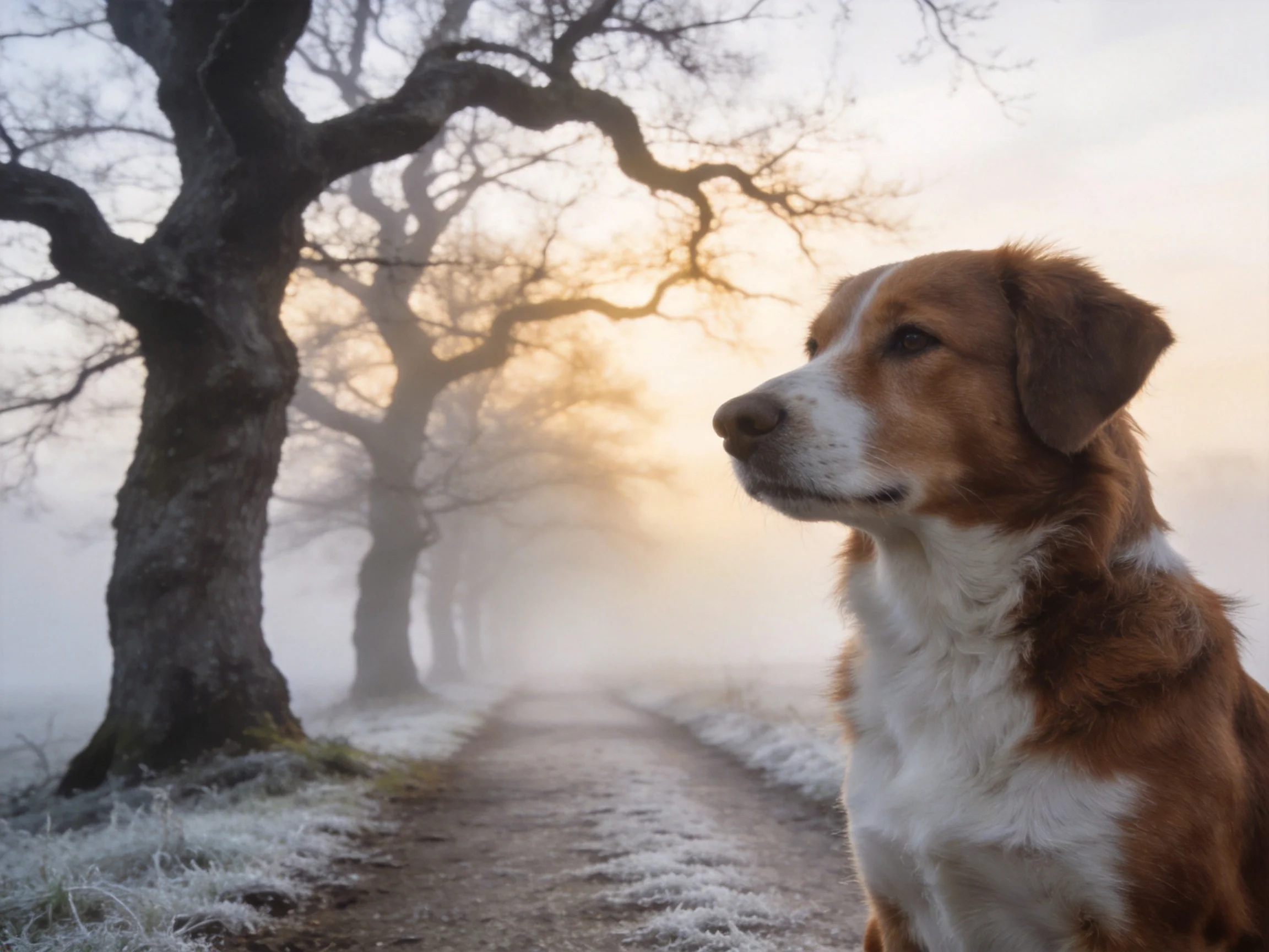 A brown and white dog sits beside frosty trees on a foggy path