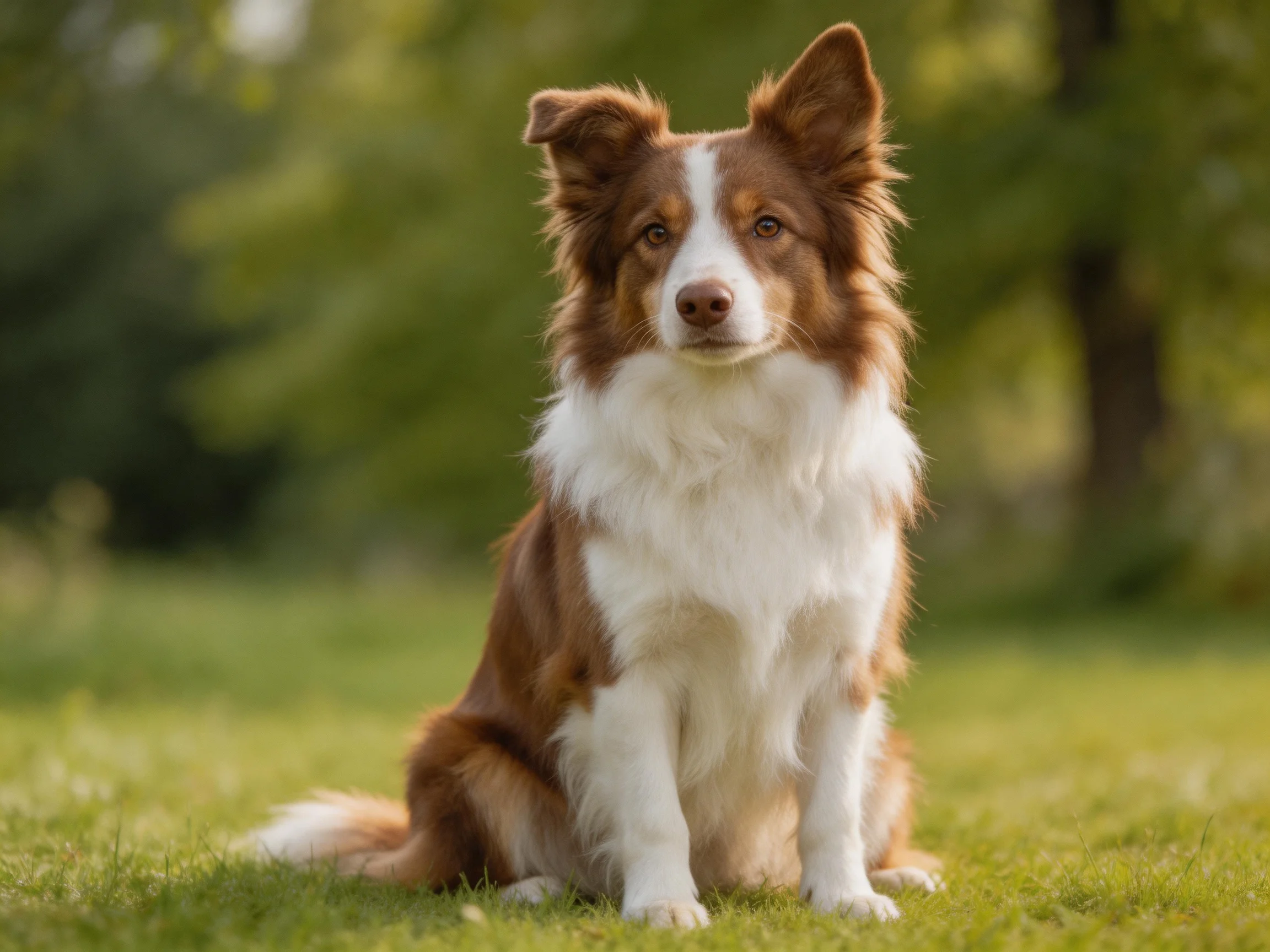 A brown and white dog sits calmly on lush green grass