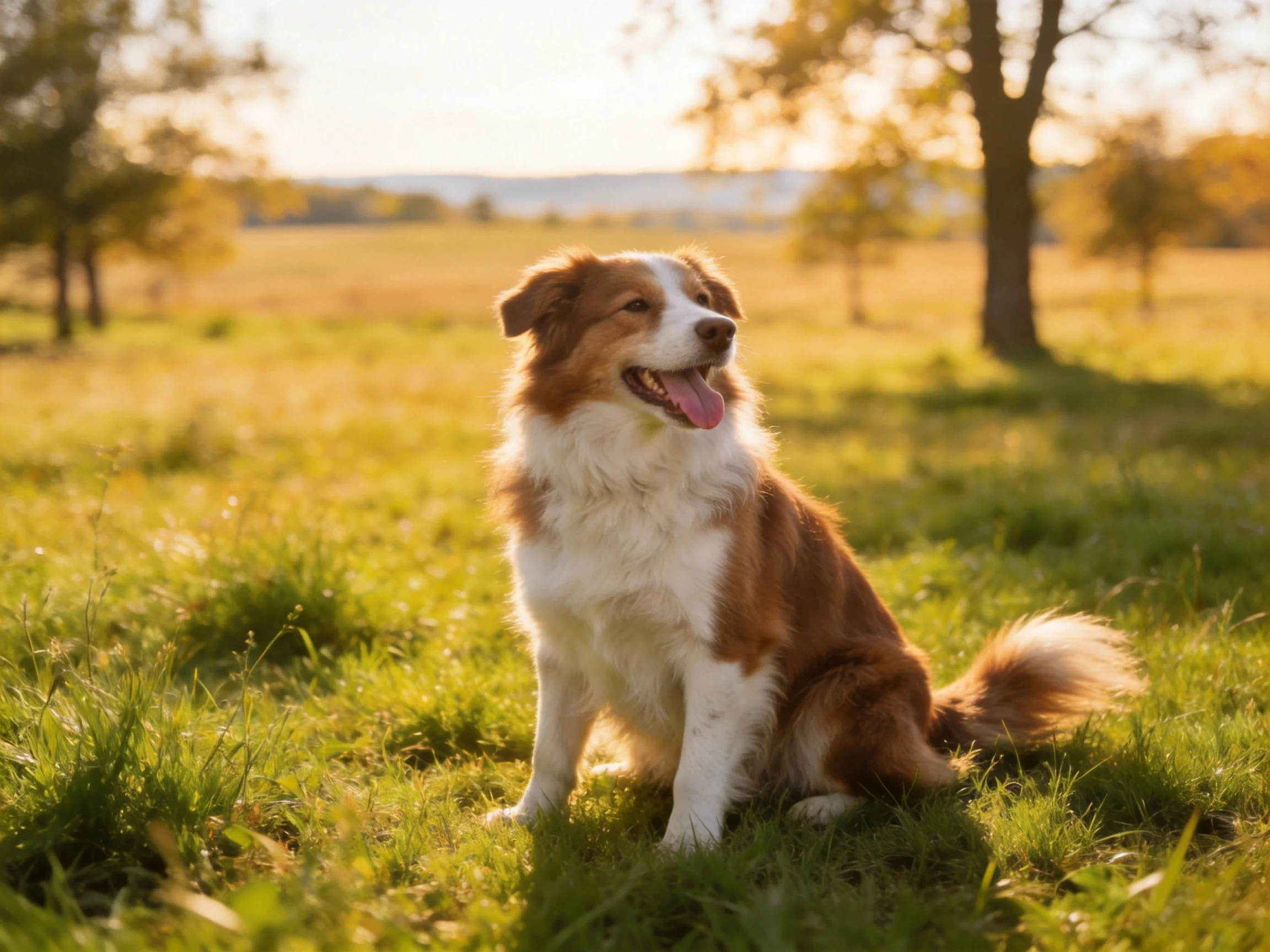 A brown-and-white dog sits contentedly in a sunlit grassy field