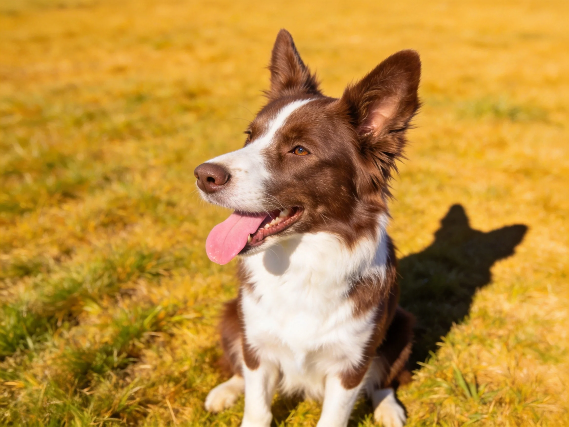 A brown and white dog sits happily on sunlit grass.
