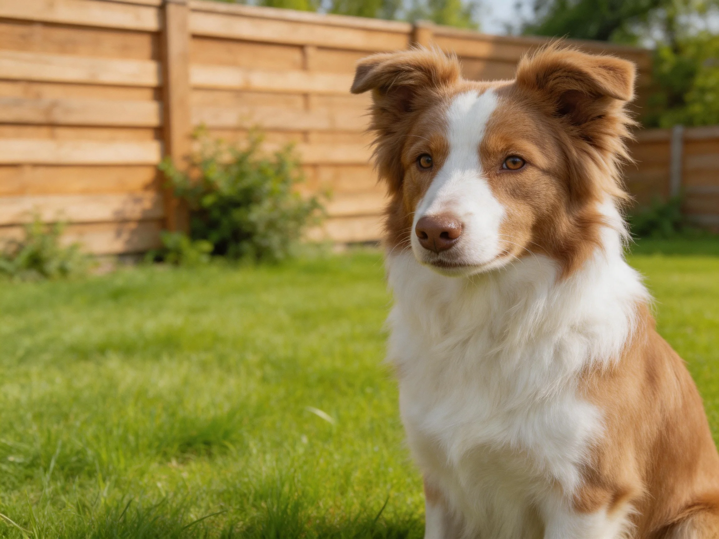 A brown and white dog sits calmly in a sunlit backyard with green grass.