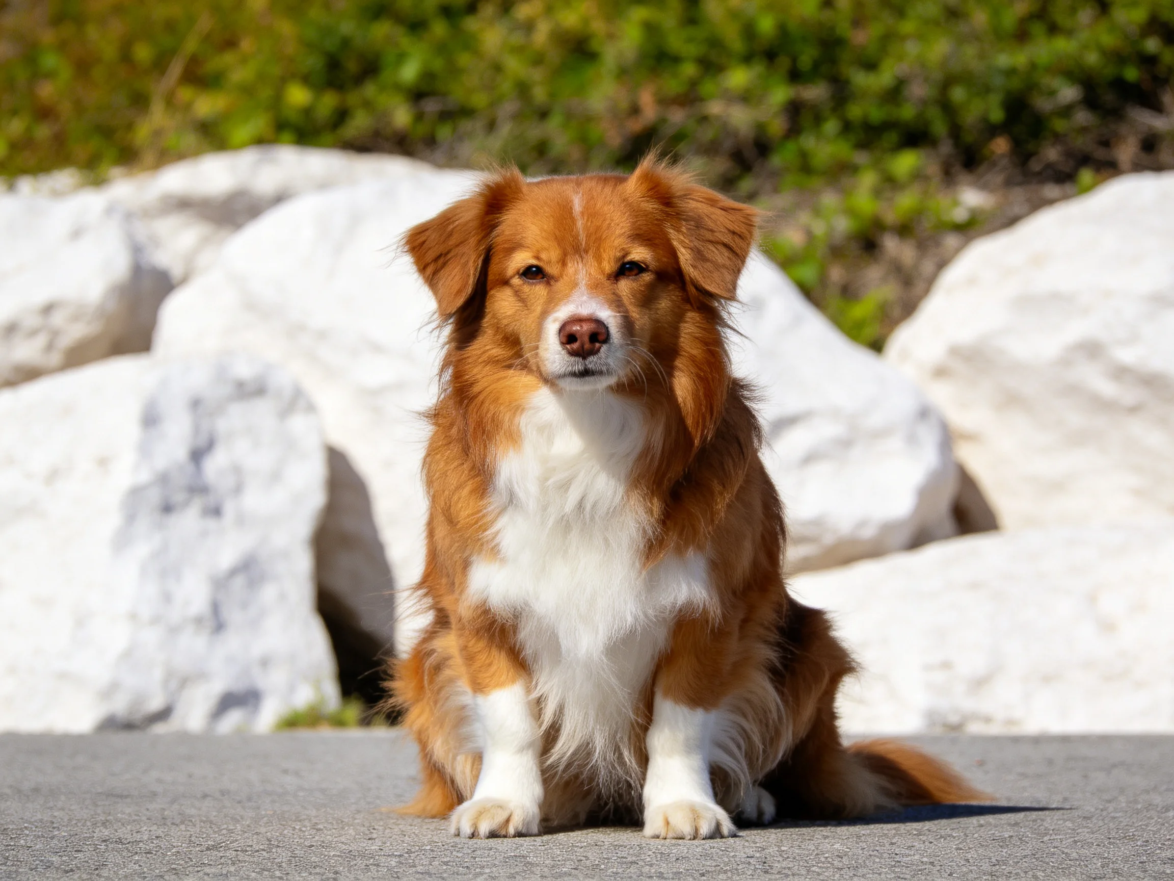 A brown and white dog sits calmly near large white rocks outdoors.