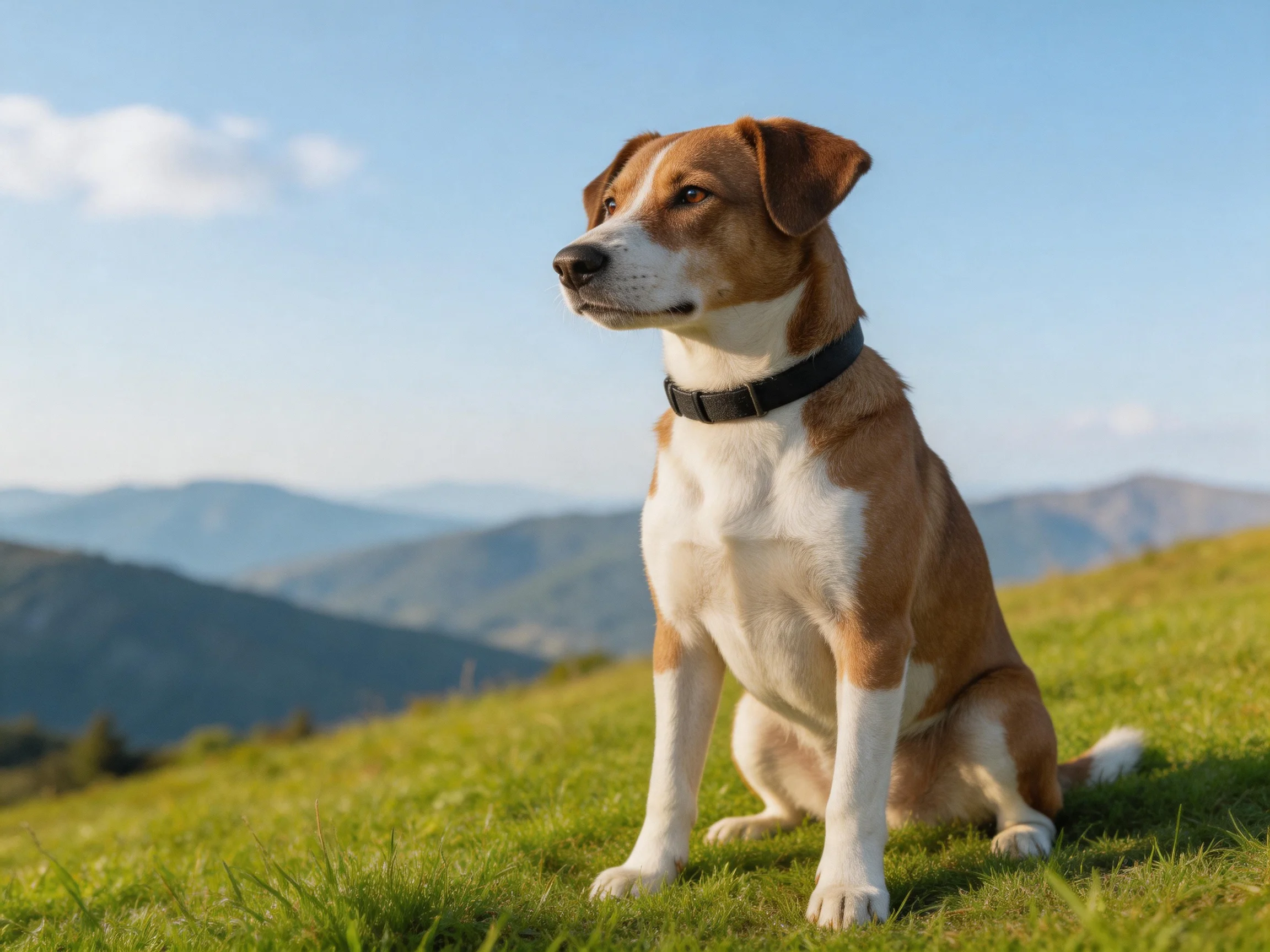 A brown and white dog sits on a grassy hill with mountain backdrop