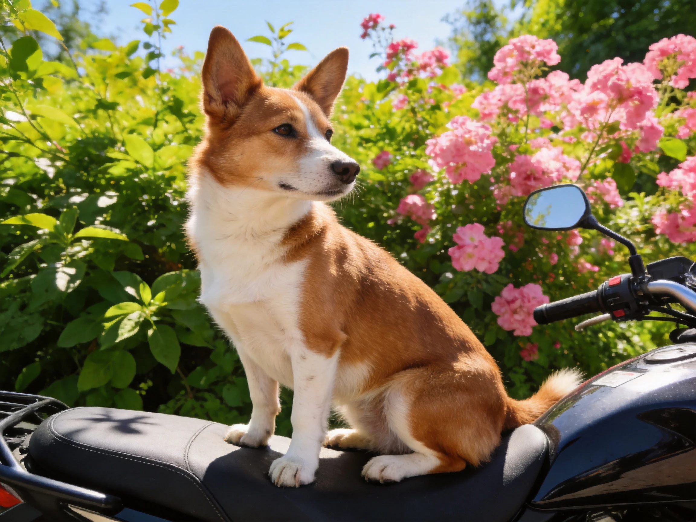A brown and white dog sits on a motorcycle seat near blooming pink flowers.