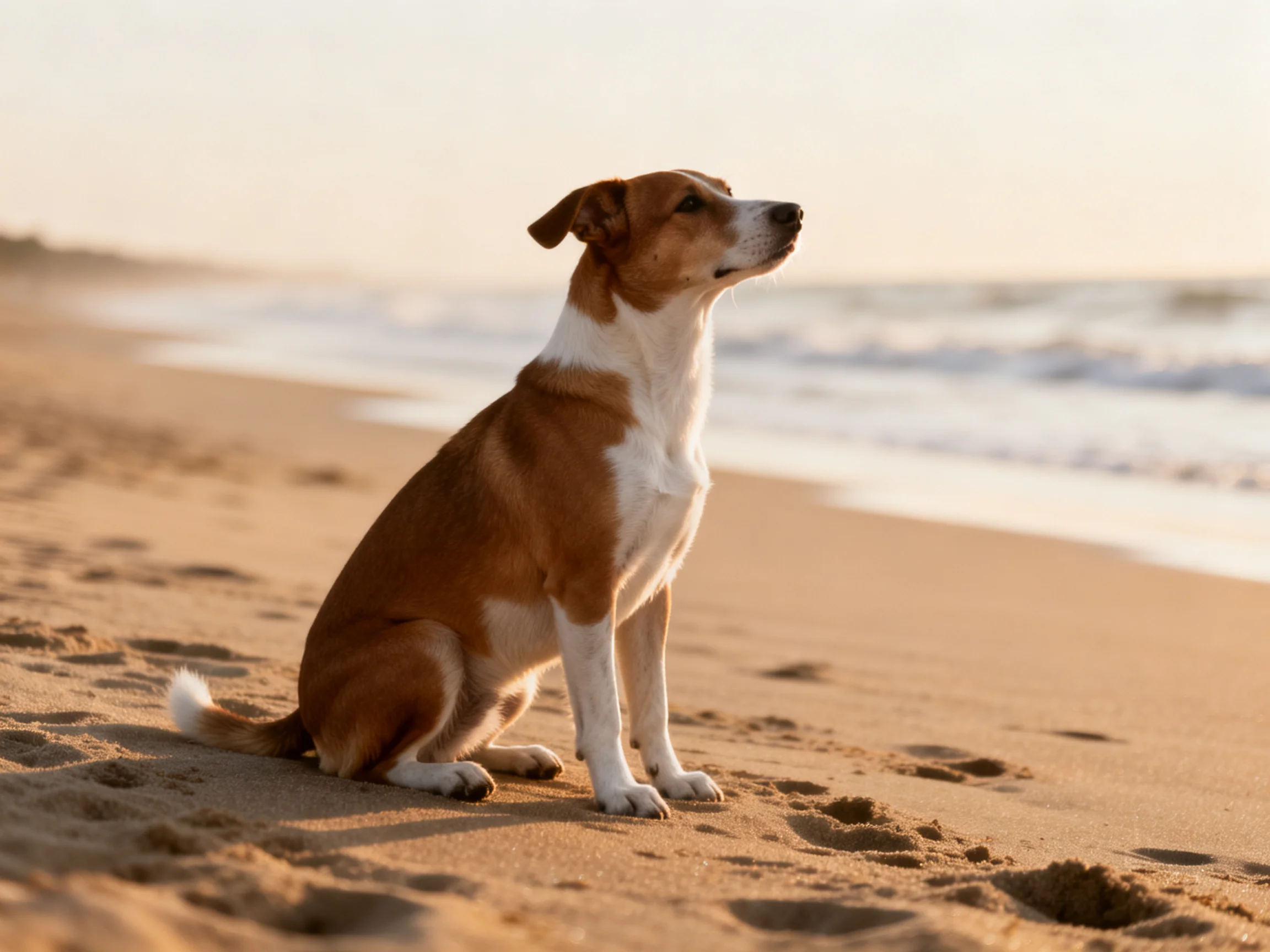 A brown and white dog sits calmly on a sandy beach near the shoreline.