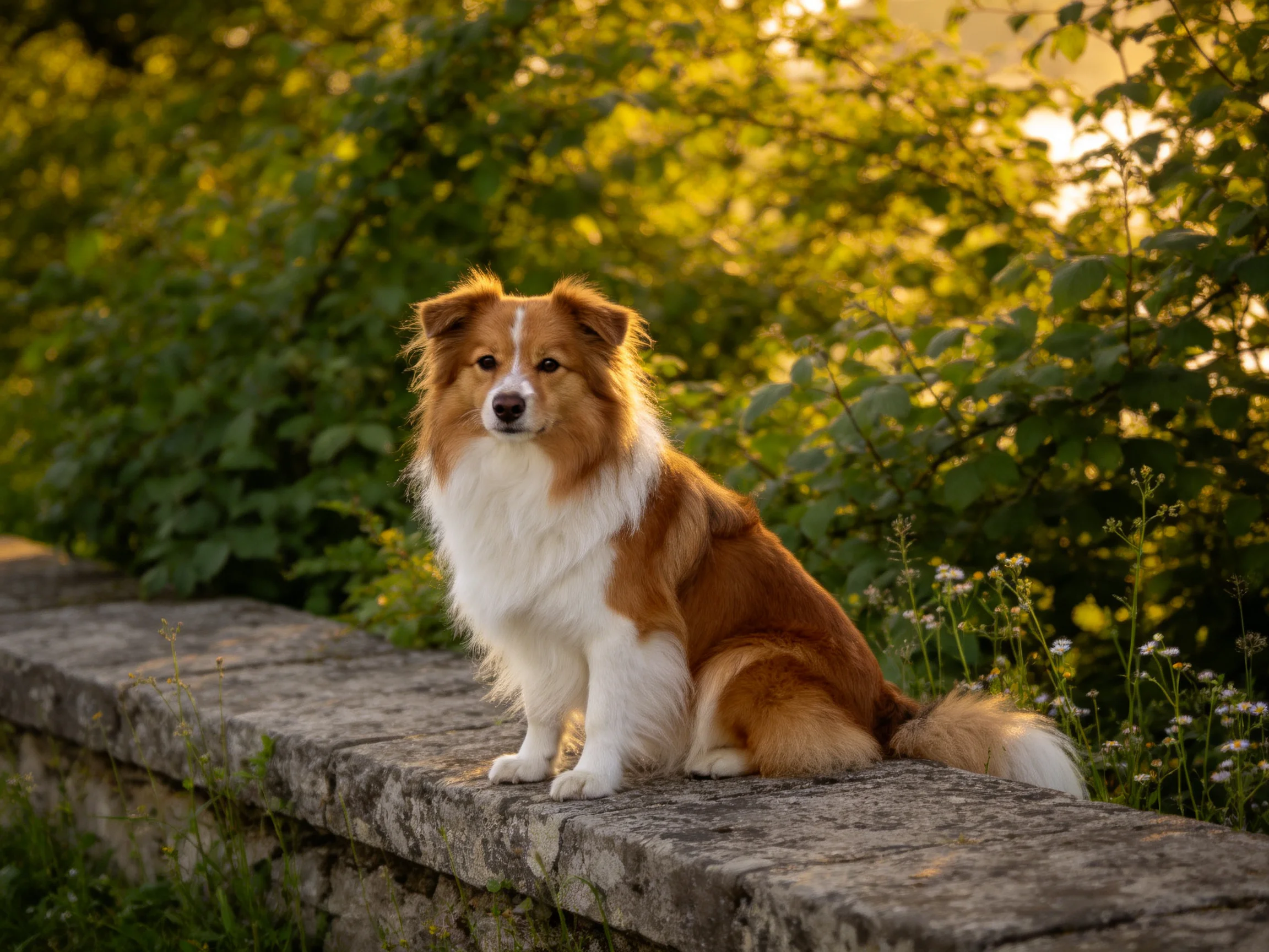 A brown and white dog sits on a weathered stone ledge amid lush greenery