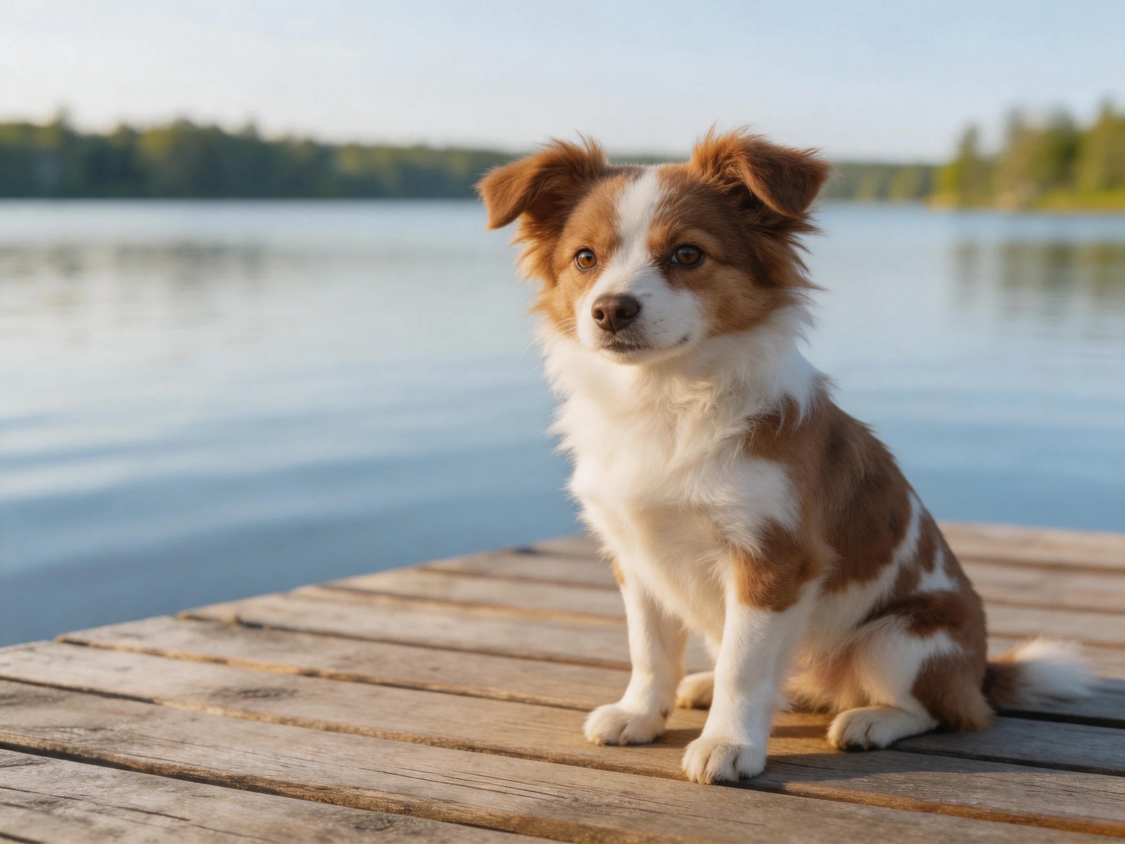 A brown and white dog sits on a wooden dock by calm water