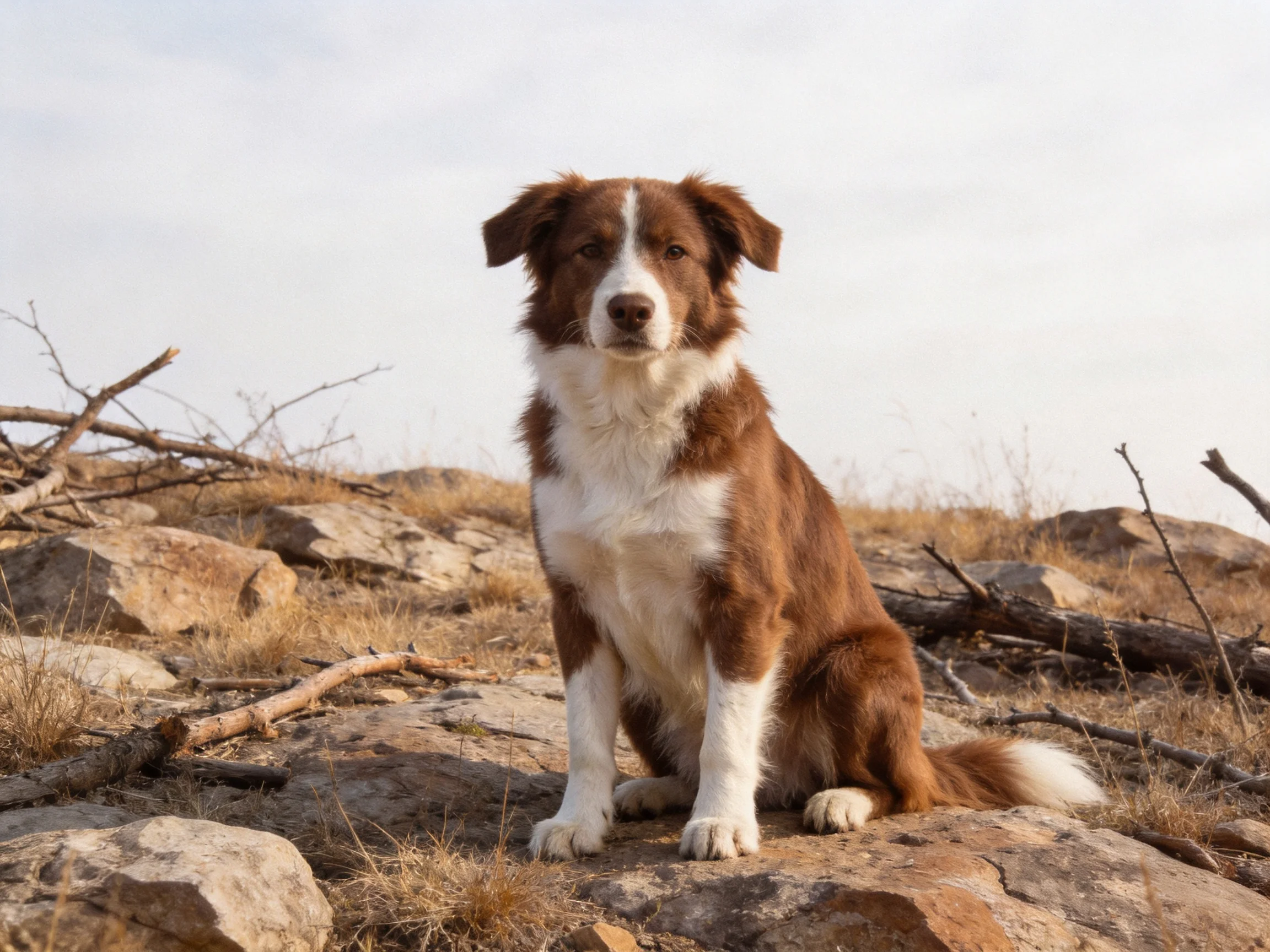 A brown and white dog sits calmly among rocks and dry branches.