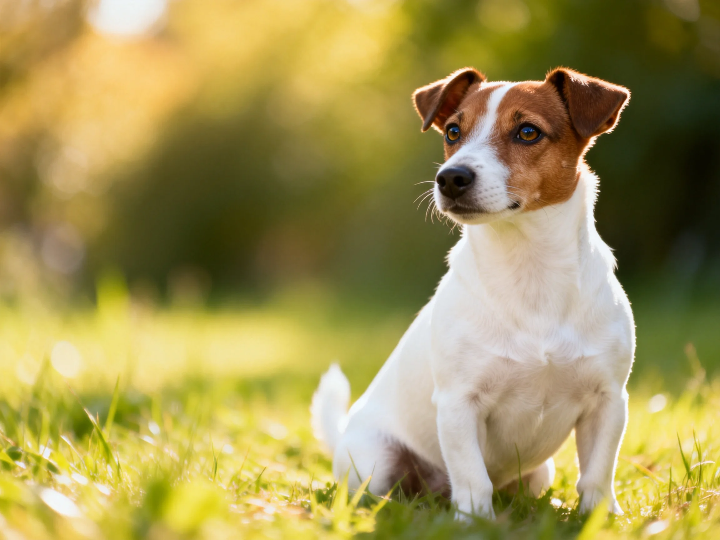A small brown-and-white dog sits on grass in a sunlit outdoor area.