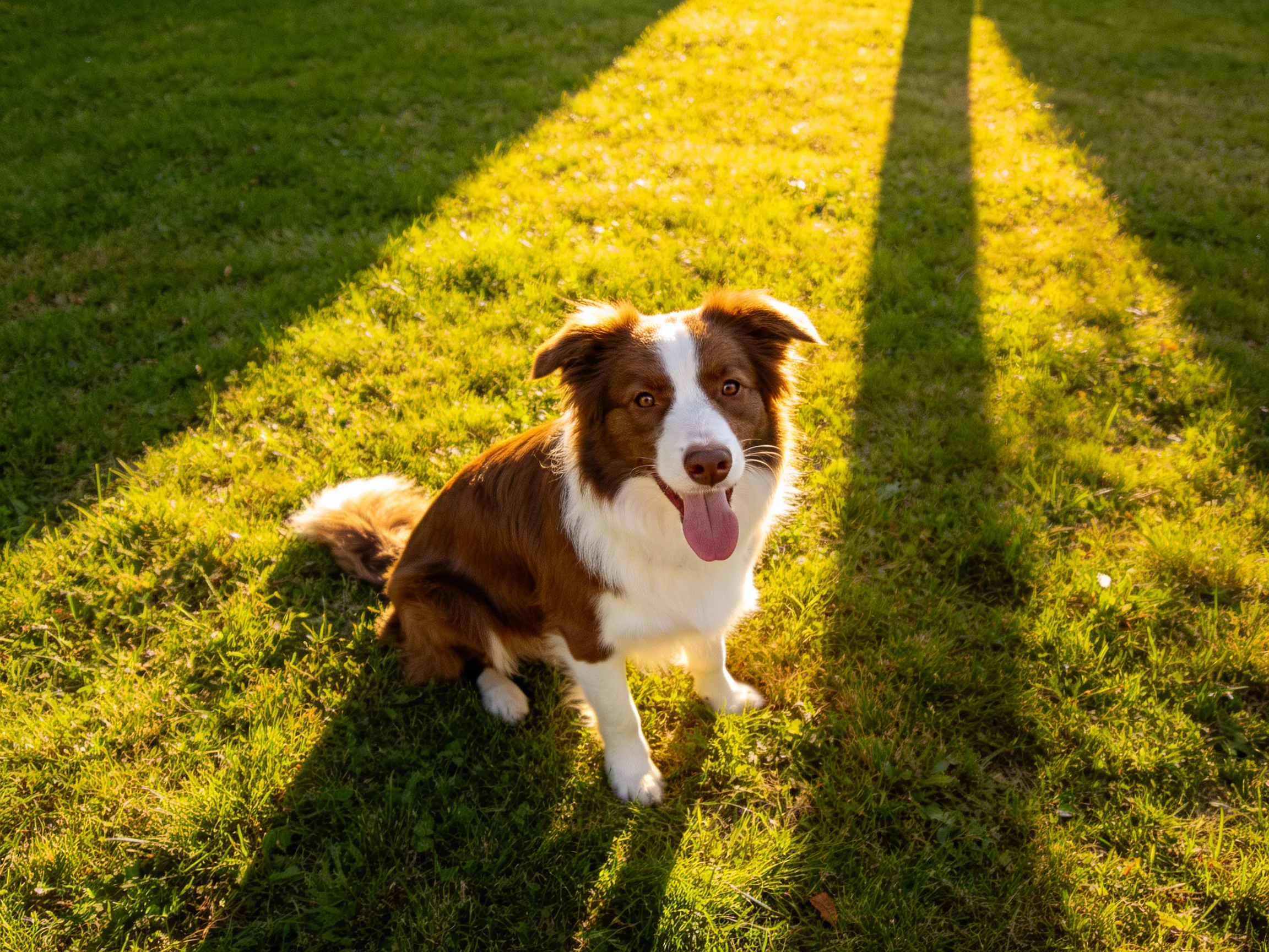 A brown and white dog sits on sunlit grass with long shadows.
