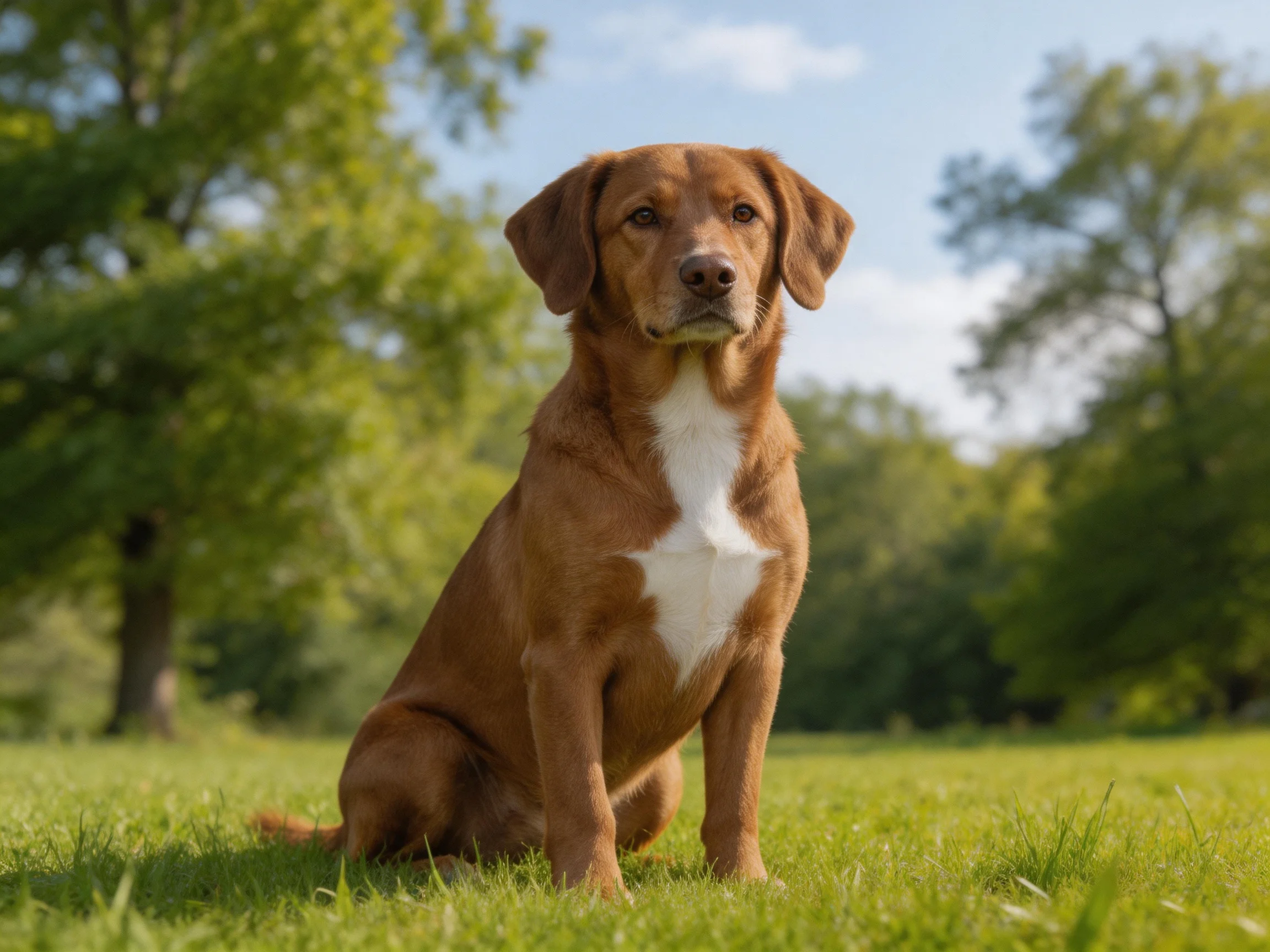 A brown and white dog sits serenely in a sunlit grassy field with trees in the distance.