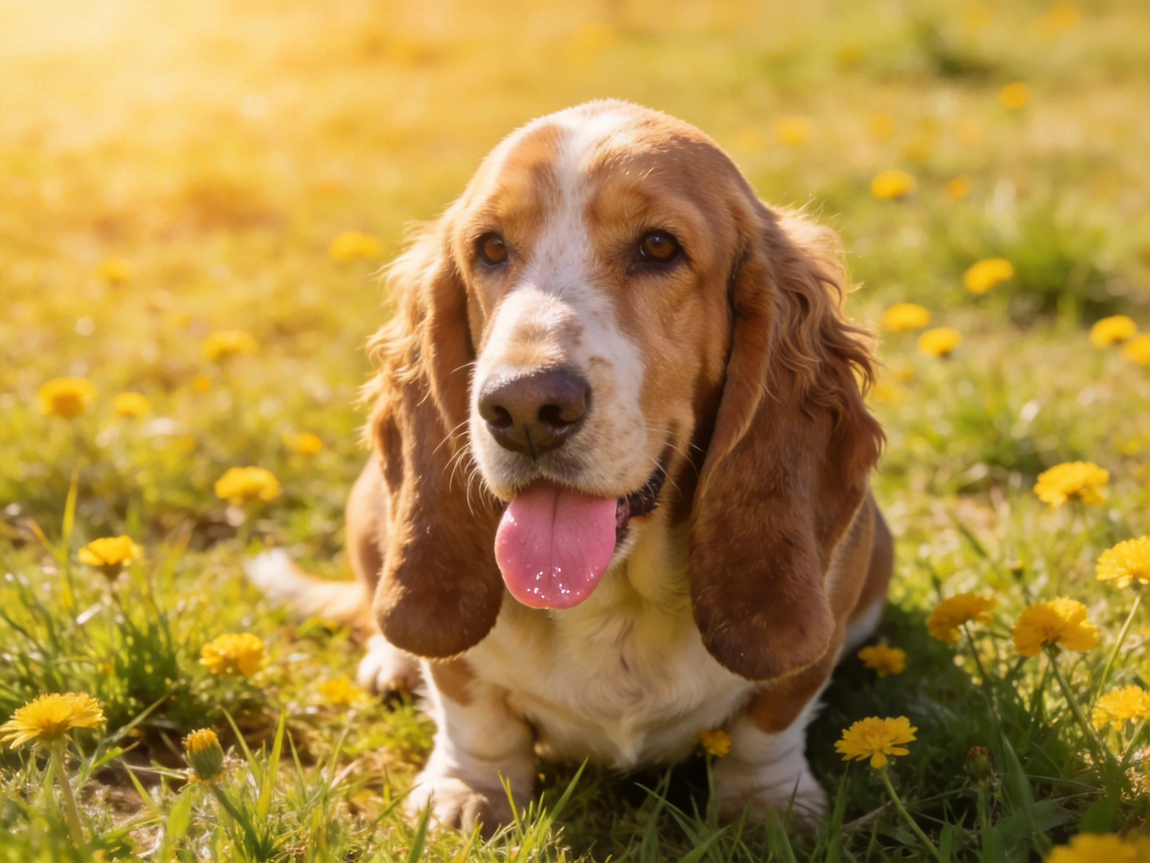 A brown and white dog sitting among yellow dandelions in a sunlit meadow