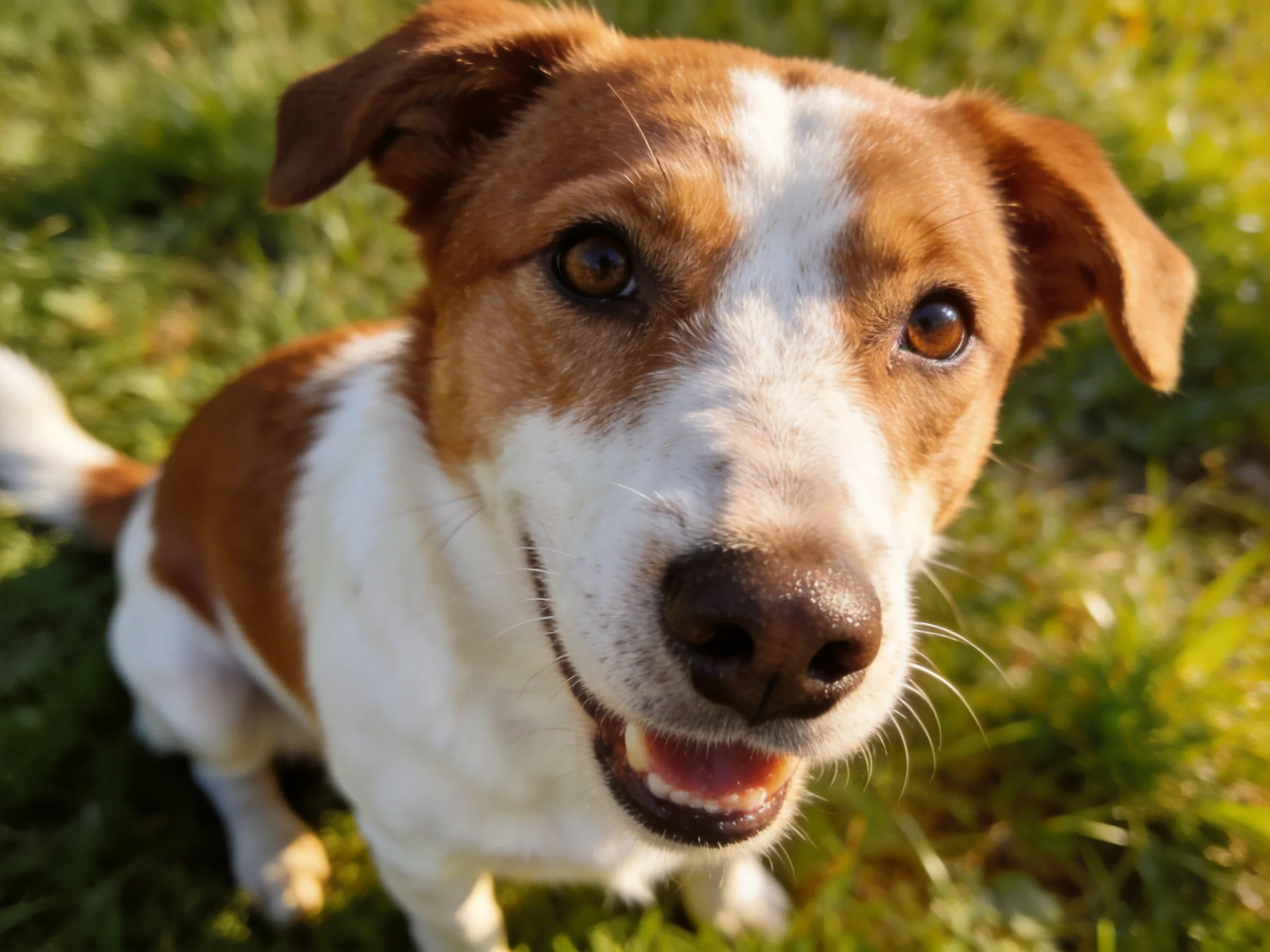 A brown and white dog sitting contentedly on green grass
