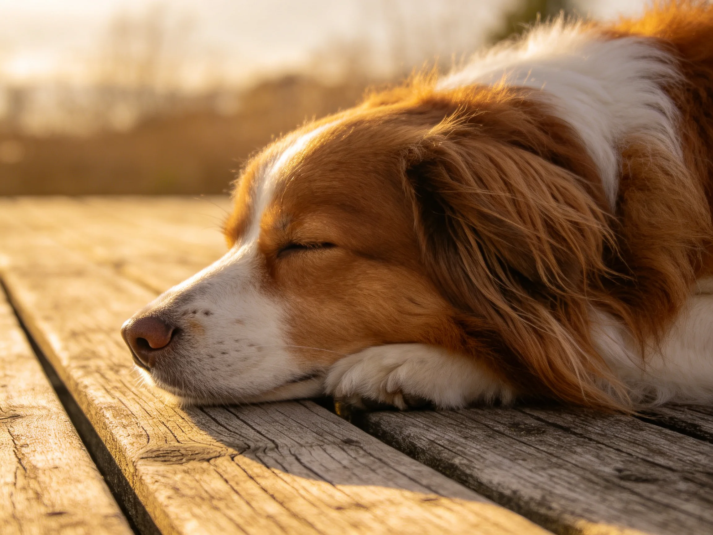 A brown and white dog sleeps on weathered wooden planks
