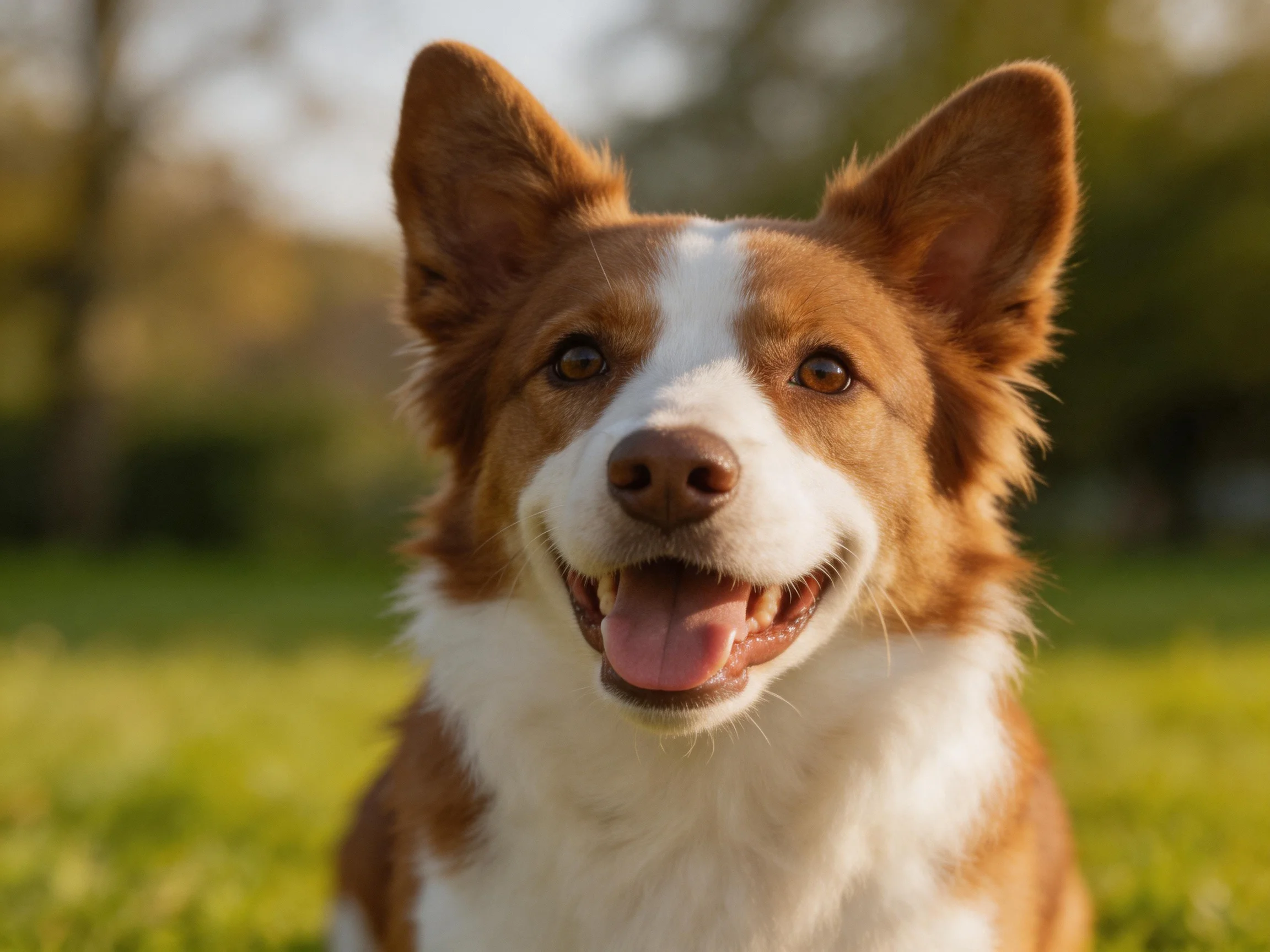 A brown and white dog smiling in a sunny outdoor field