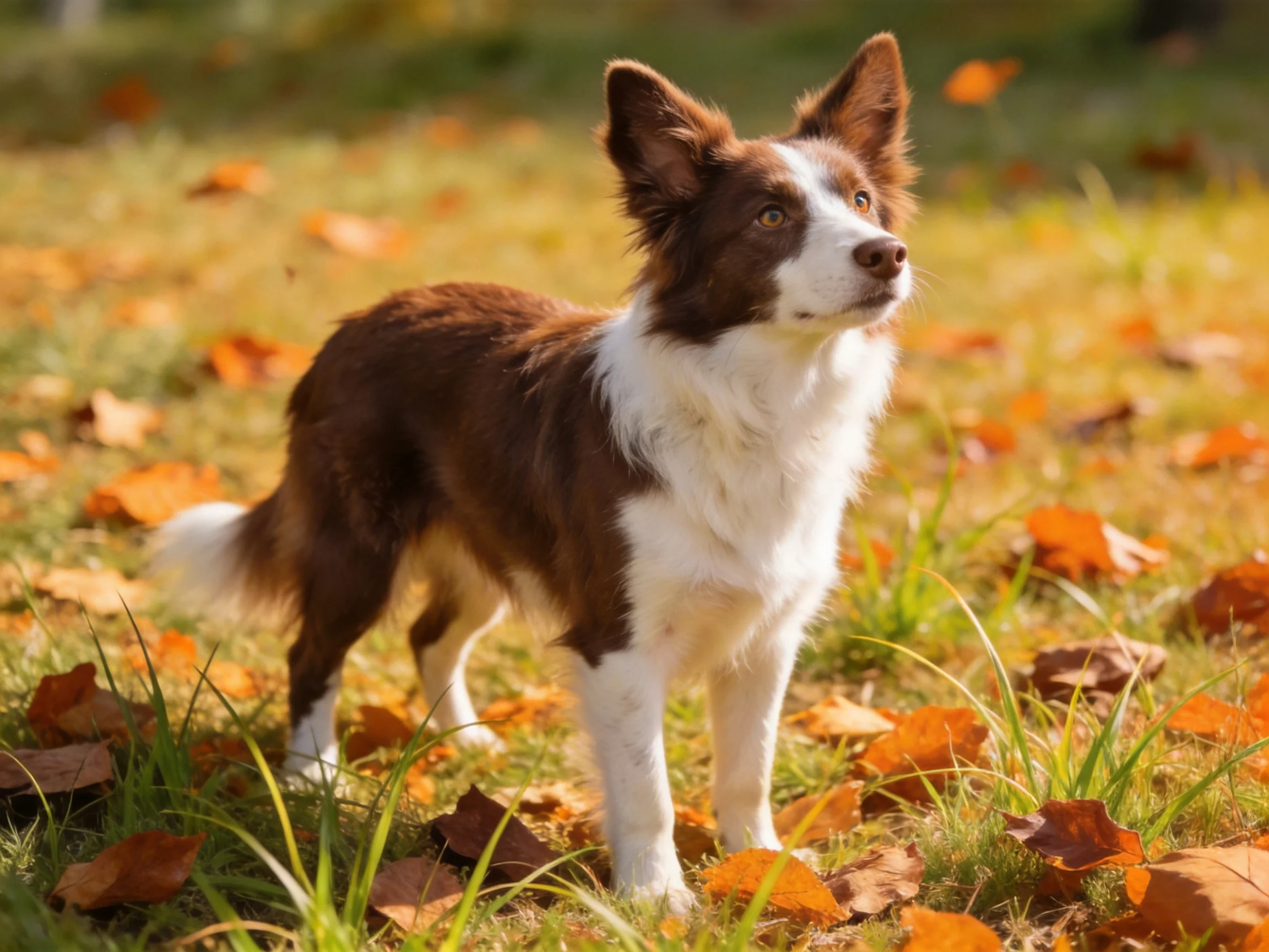 A brown and white dog stands among fallen leaves in a sunlit autumn field.