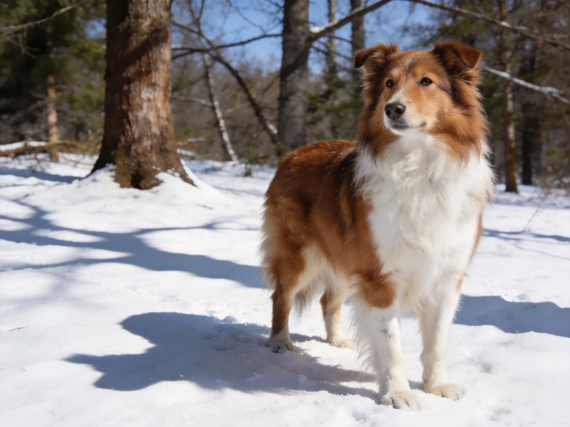 A brown and white dog stands alertly on snow-covered ground amid trees.