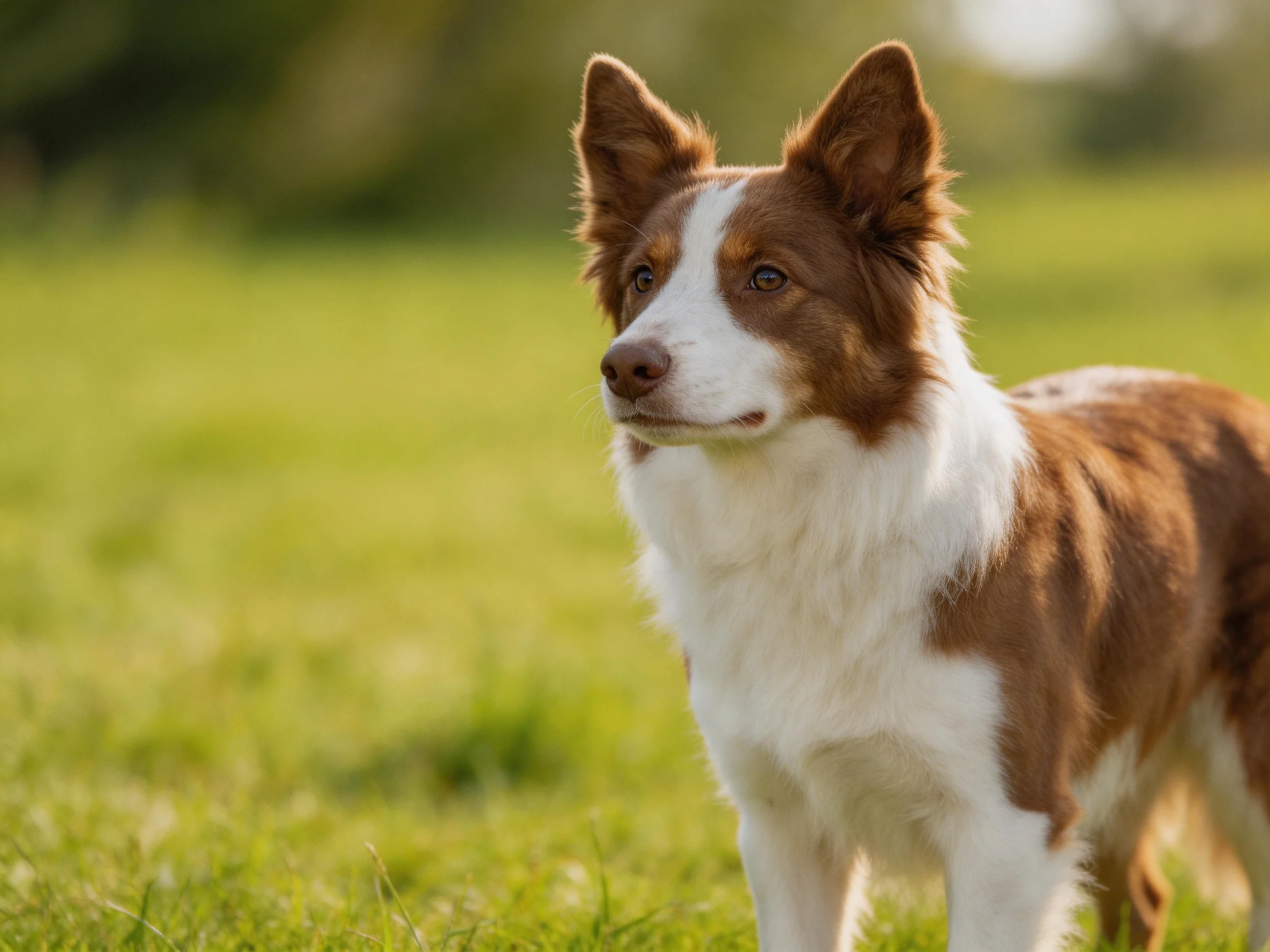 A brown and white dog stands alert in a sunlit green meadow