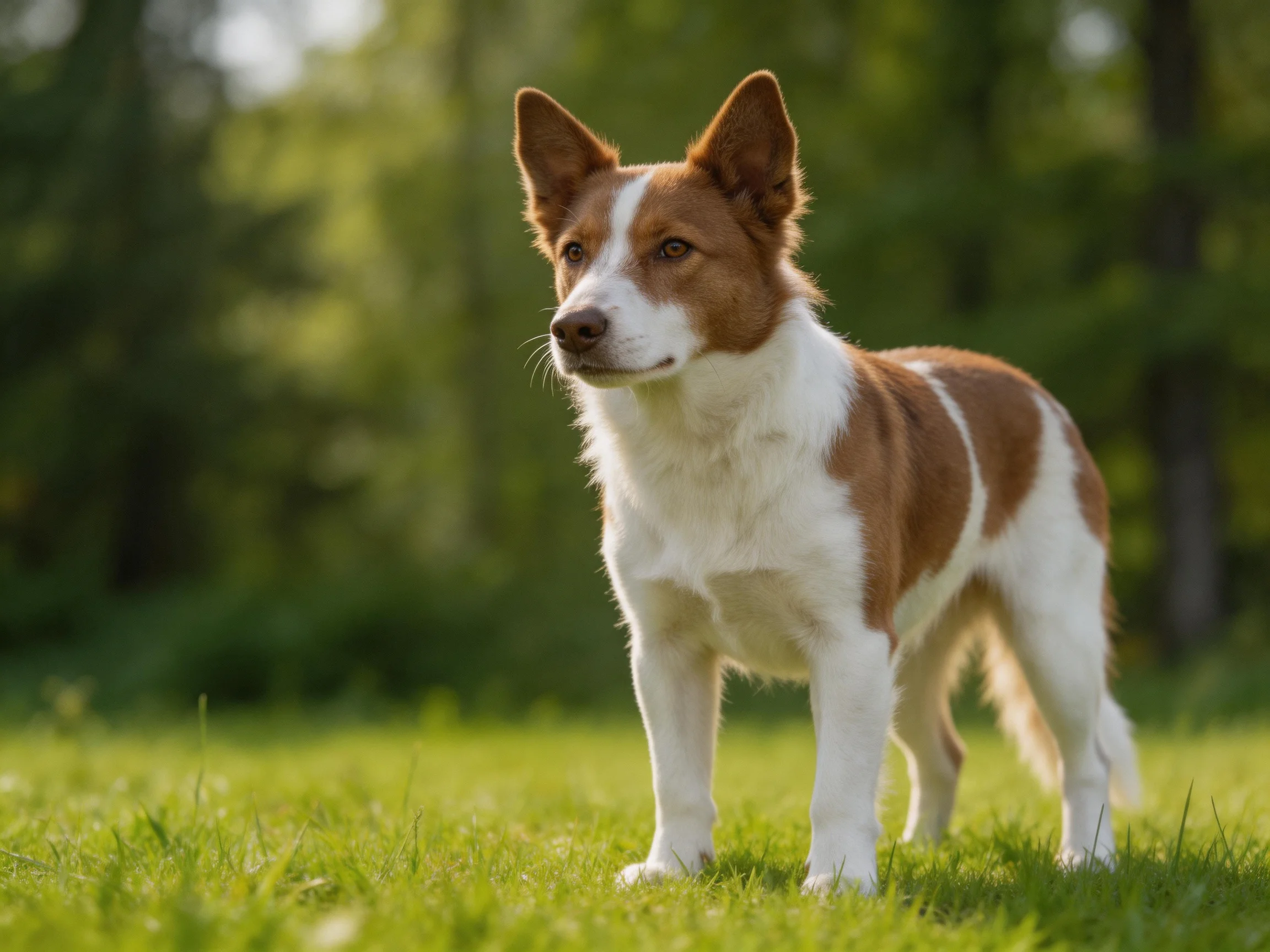 A brown-and-white dog stands alert on sunlit green grass in a natural outdoor setting.