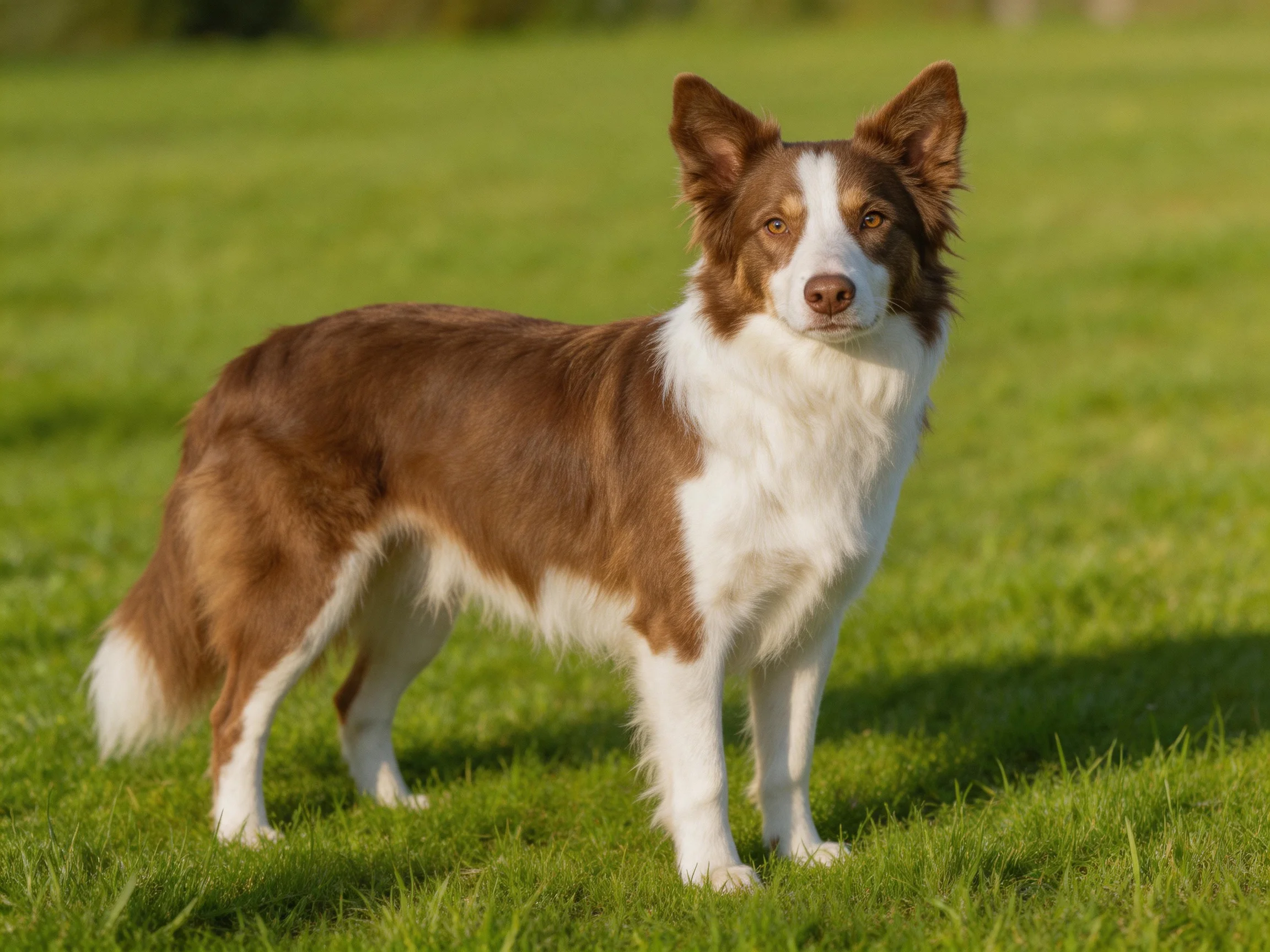 A brown and white dog stands alertly on a sunlit grassy field.
