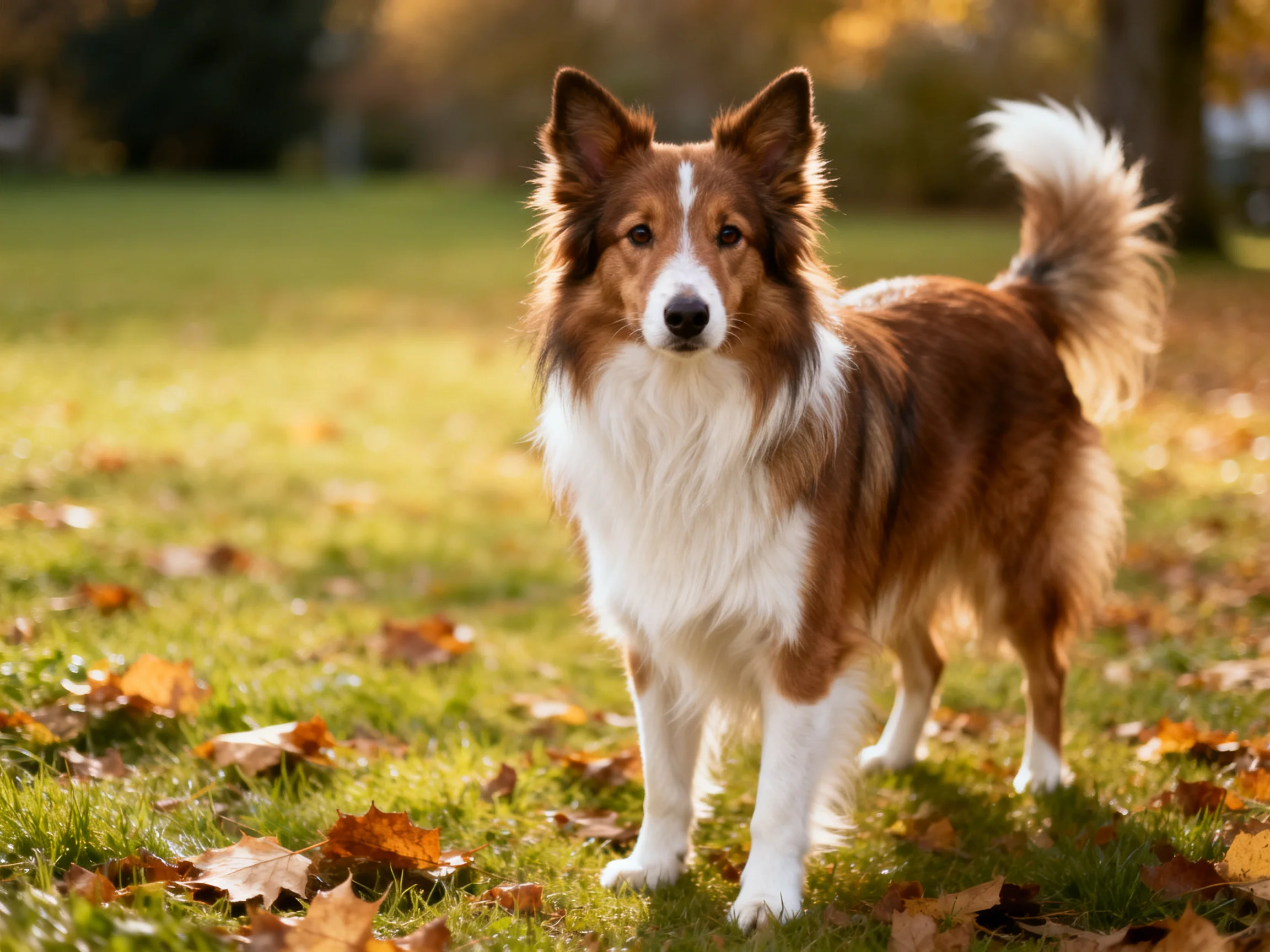 A brown and white dog stands on grass scattered with autumn leaves in a sunlit park.
