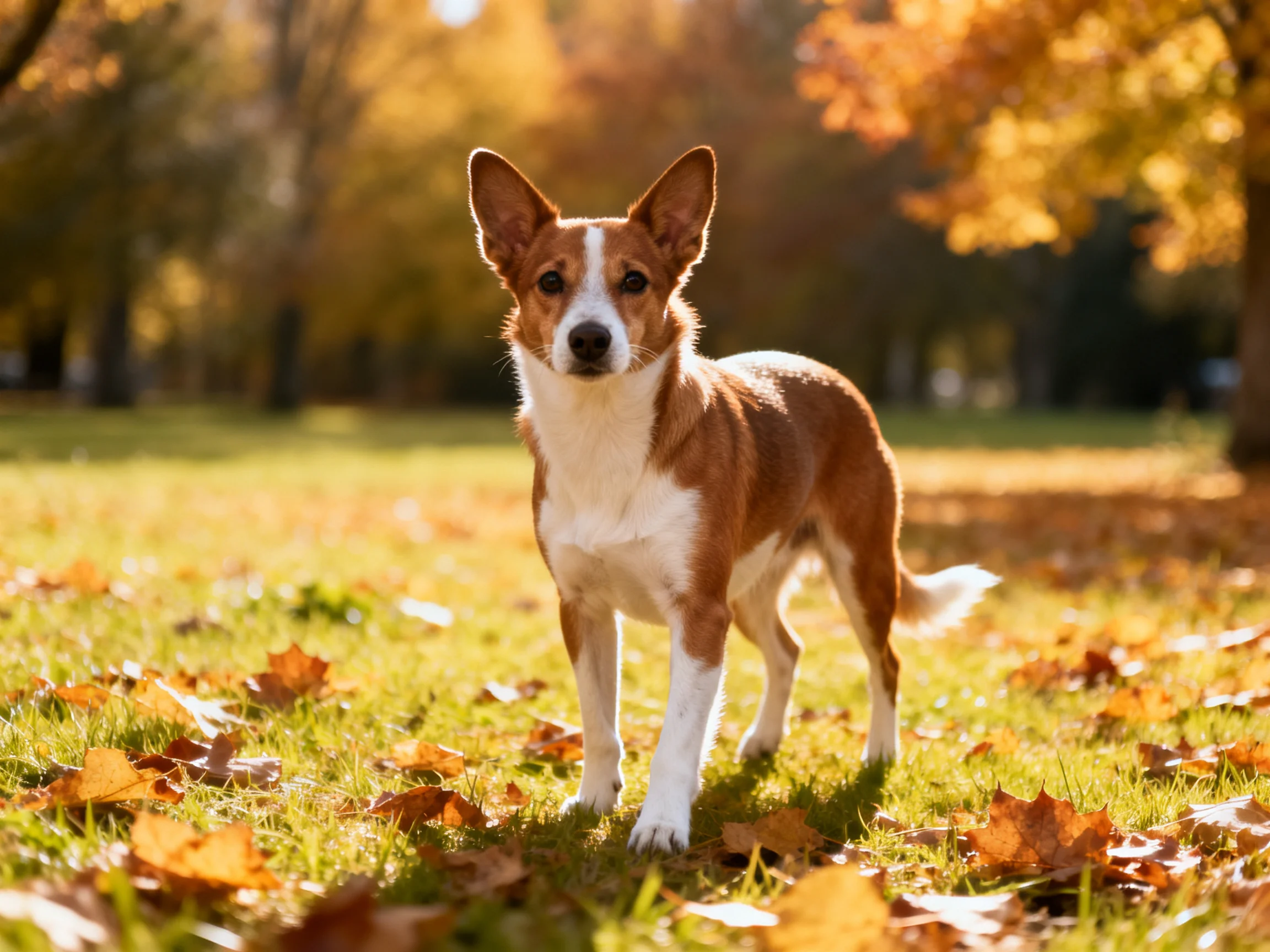 A brown and white dog stands on a leaf-strewn grassy area in a sunlit autumn park.