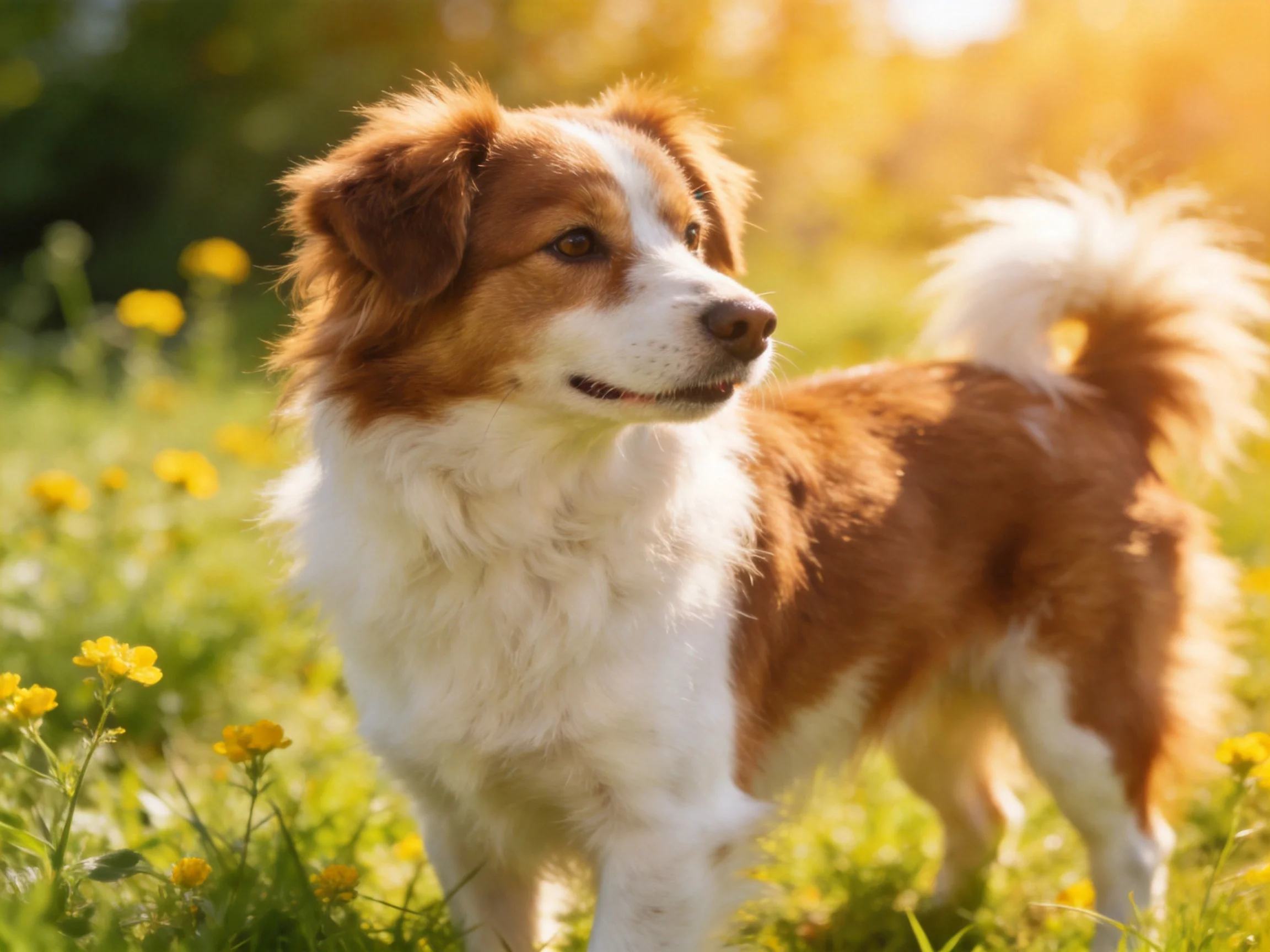 A brown and white dog stands among yellow wildflowers in a sunlit meadow.