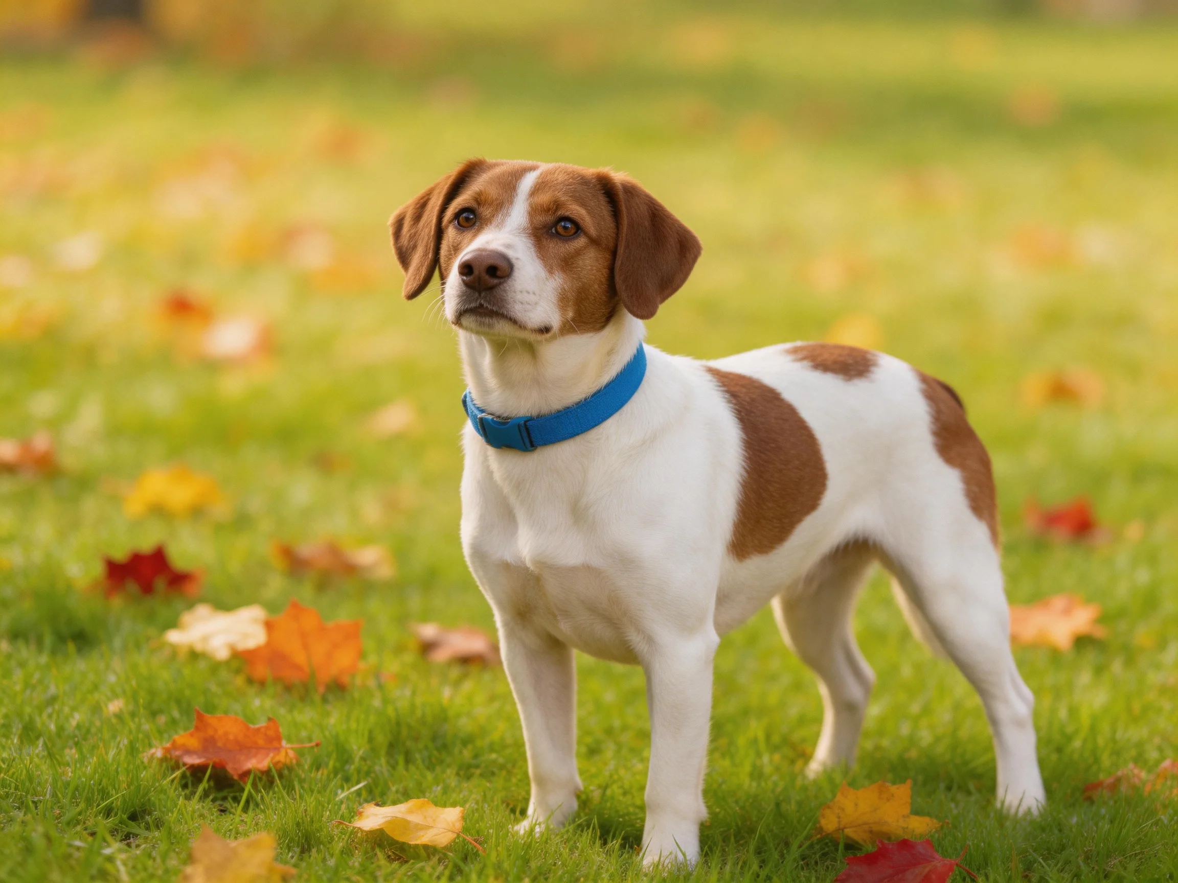 A brown-and-white dog stands among colorful fallen leaves on green grass
