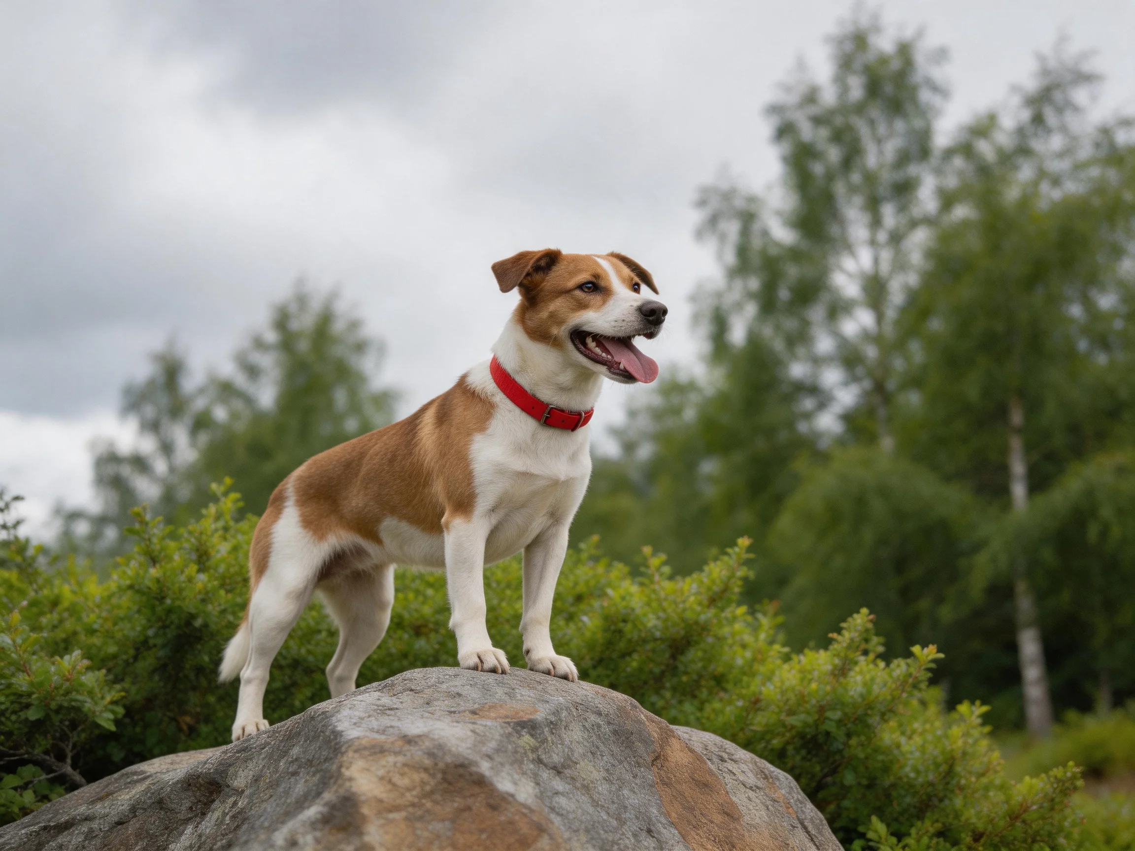 A brown-and-white dog stands atop a large gray rock amid greenery