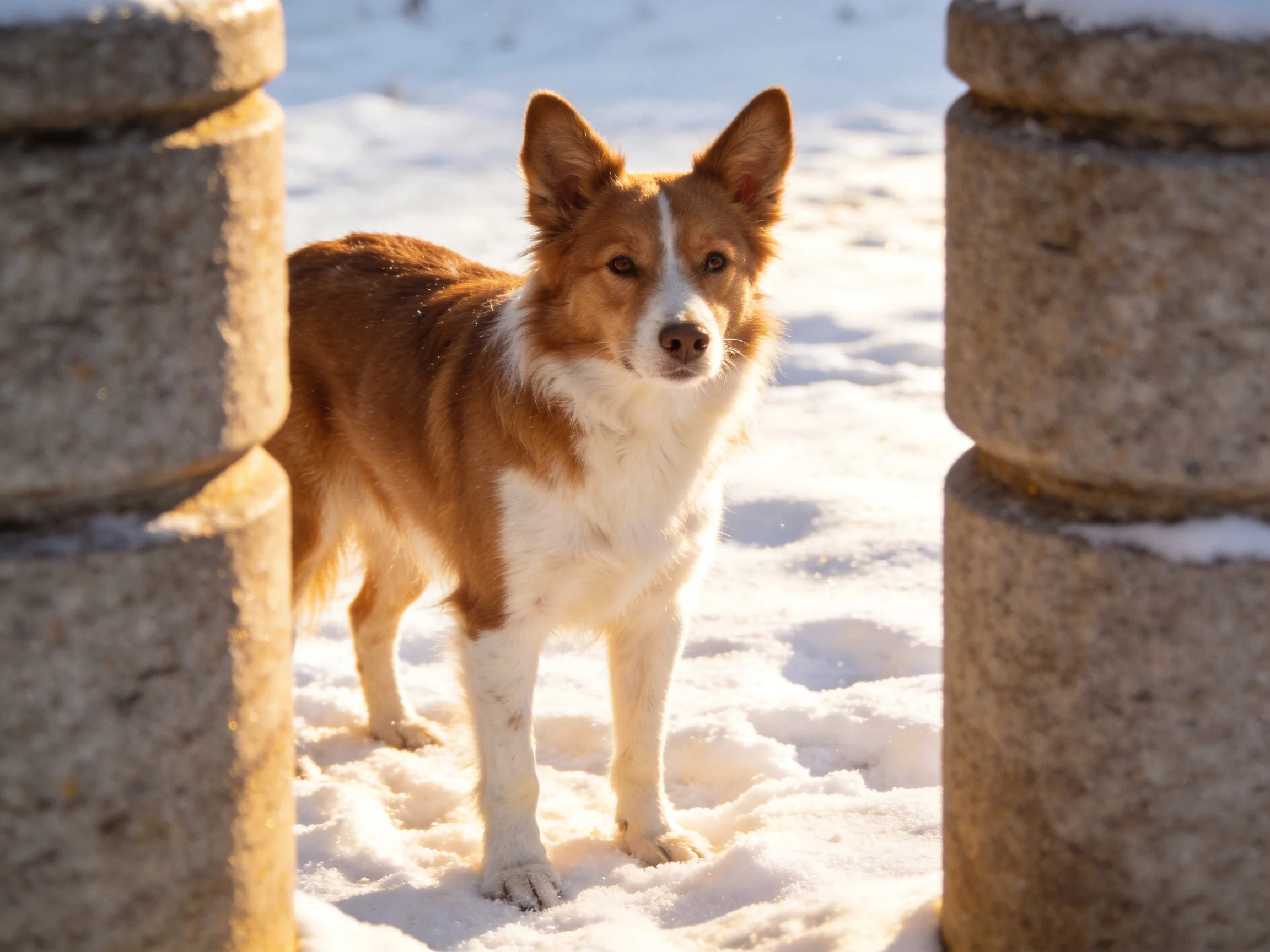 A brown and white dog stands between stone pillars in a snowy setting.