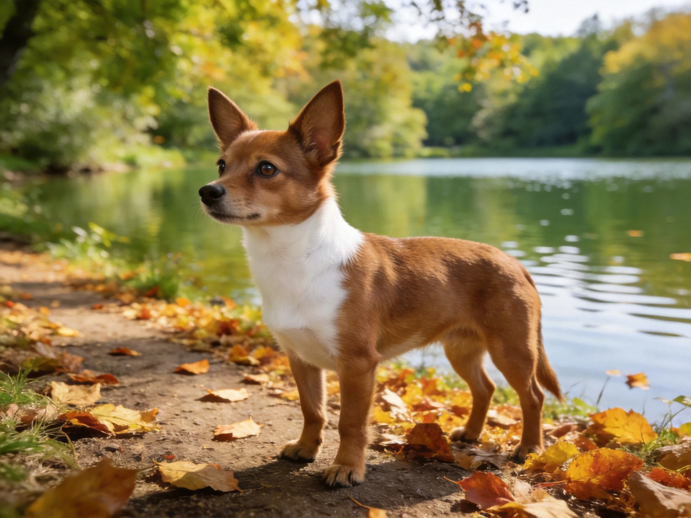 A small brown and white dog stands near a calm lake surrounded by autumn foliage.