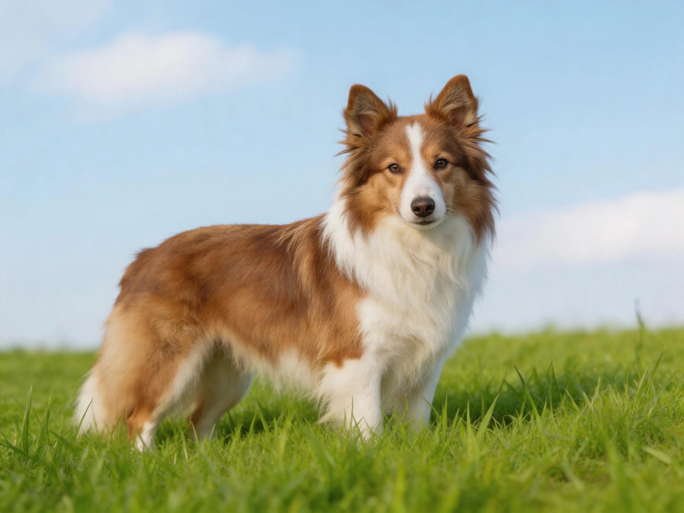 A brown and white dog stands alert amidst a sunlit grassy field.
