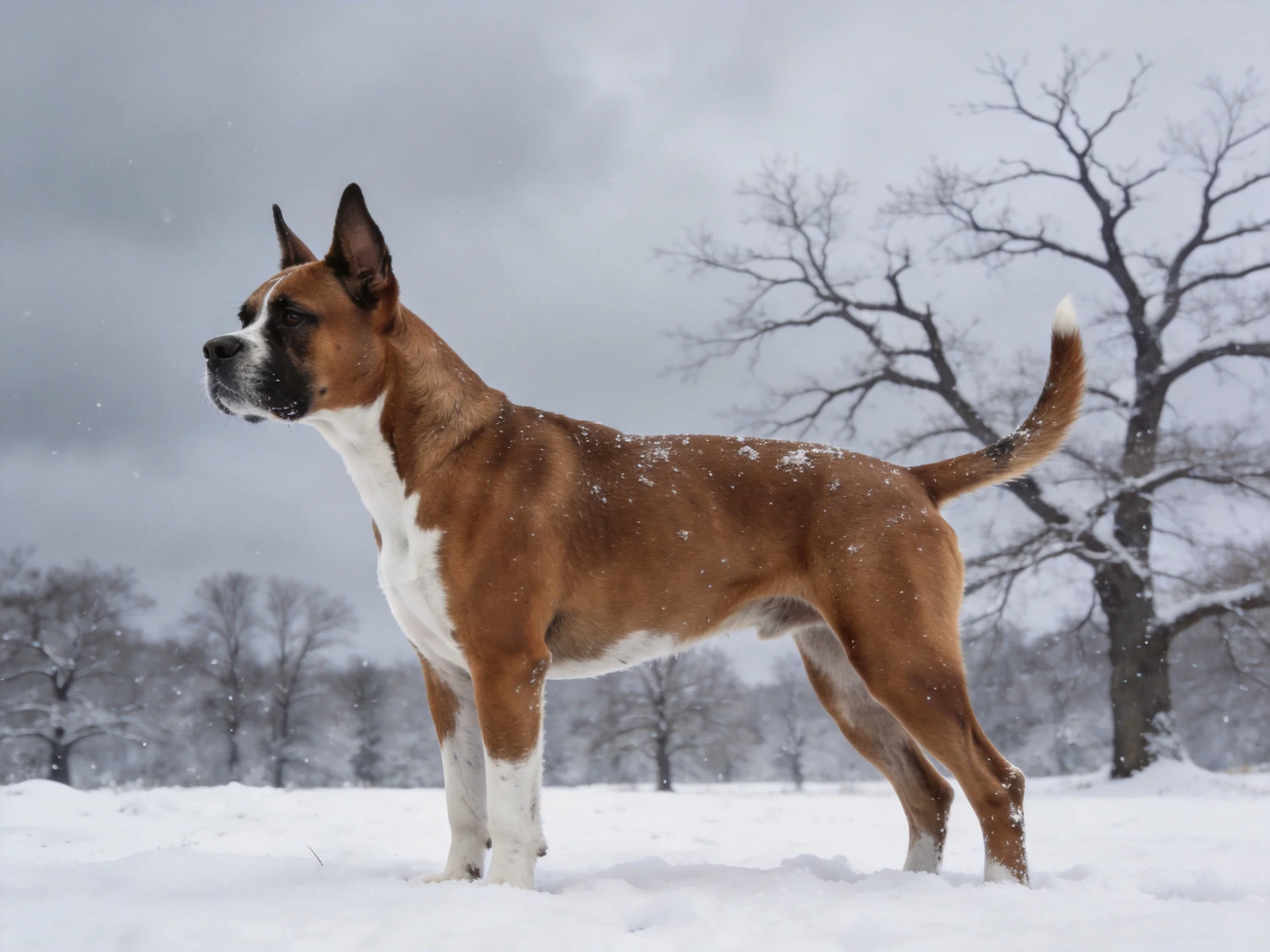 A brown and white dog stands in a snowy field with bare trees