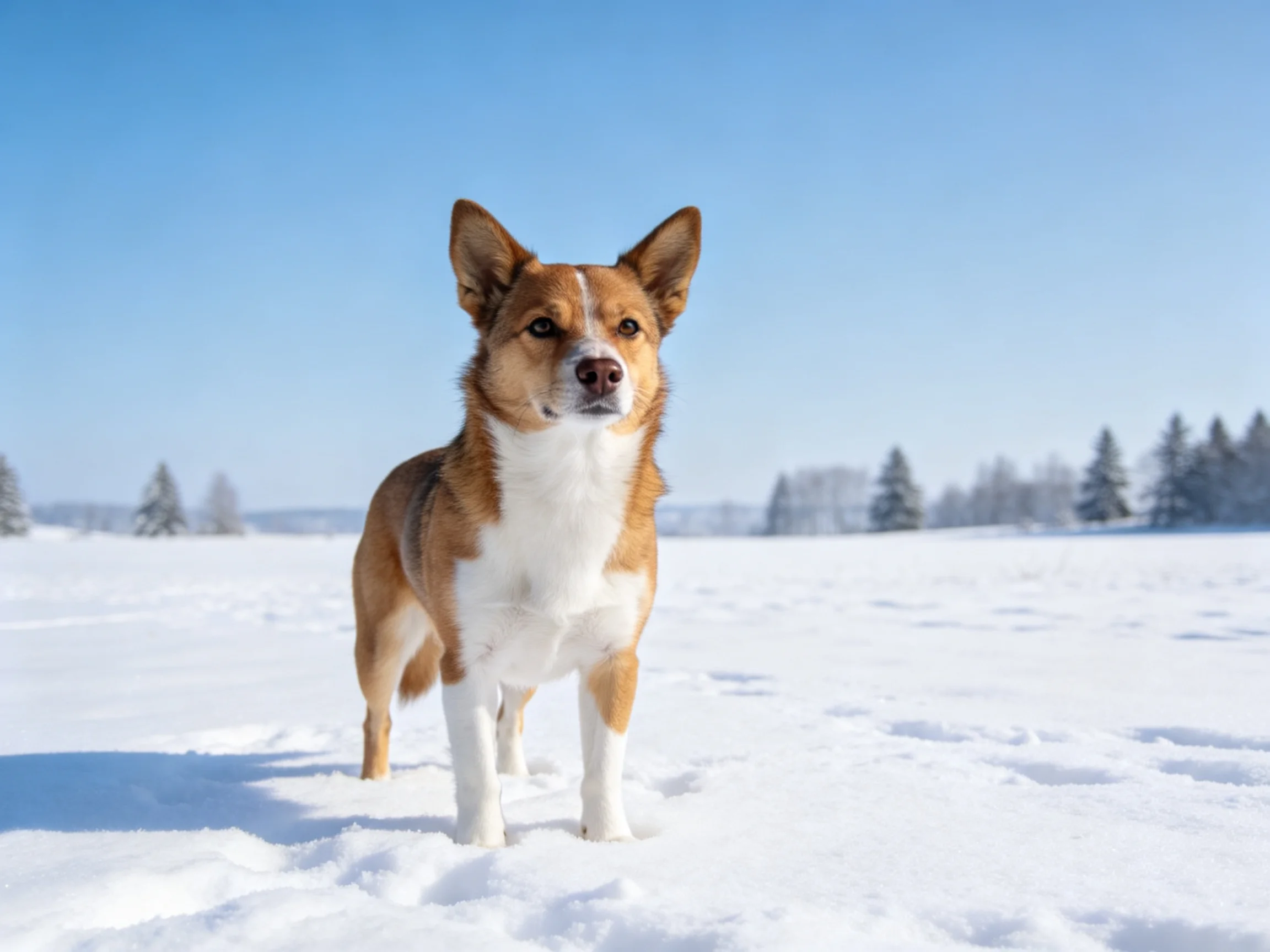 A brown and white dog stands in a snowy field with distant trees under a clear blue sky