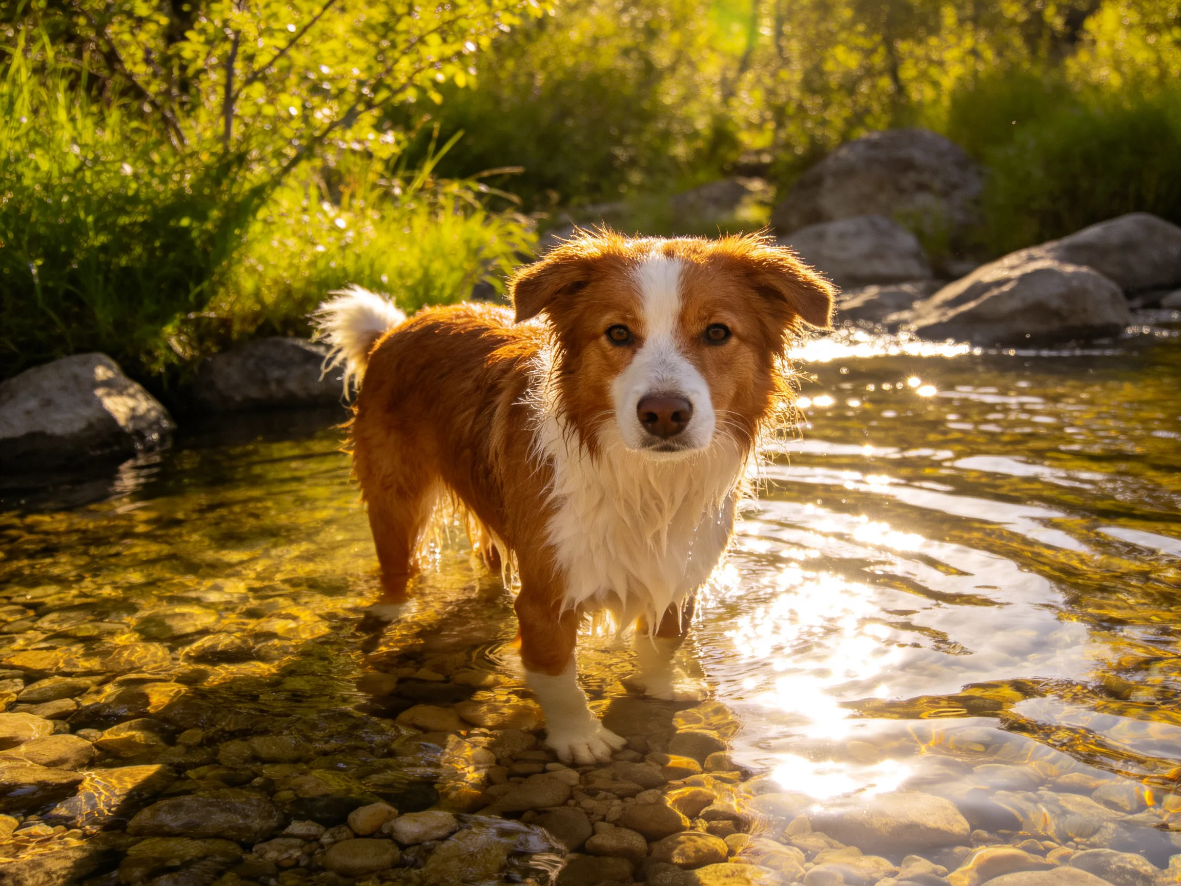 A brown-and-white dog stands in a sun-dappled rocky stream