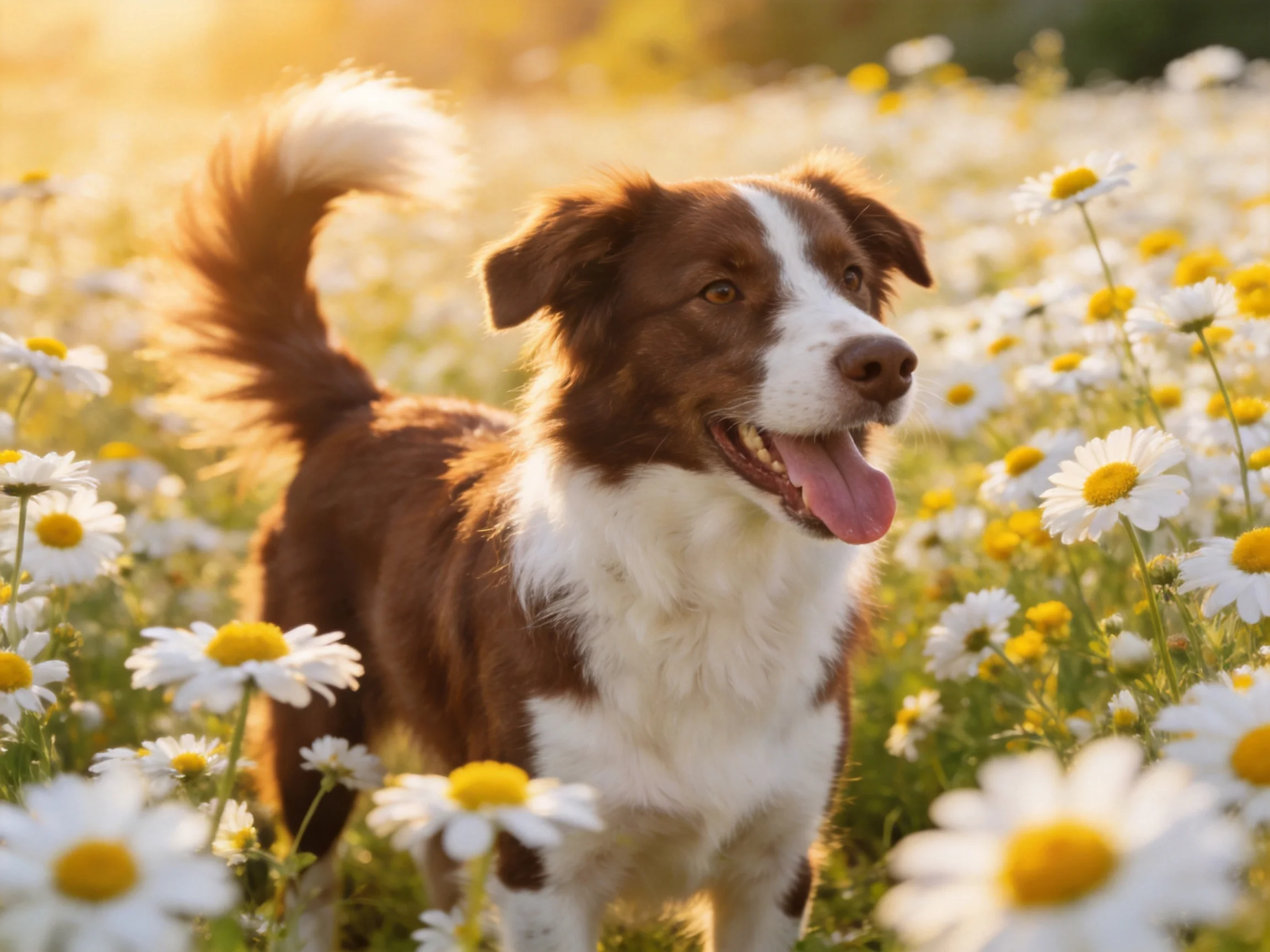 A brown and white dog enjoys a sunny day among daisies.