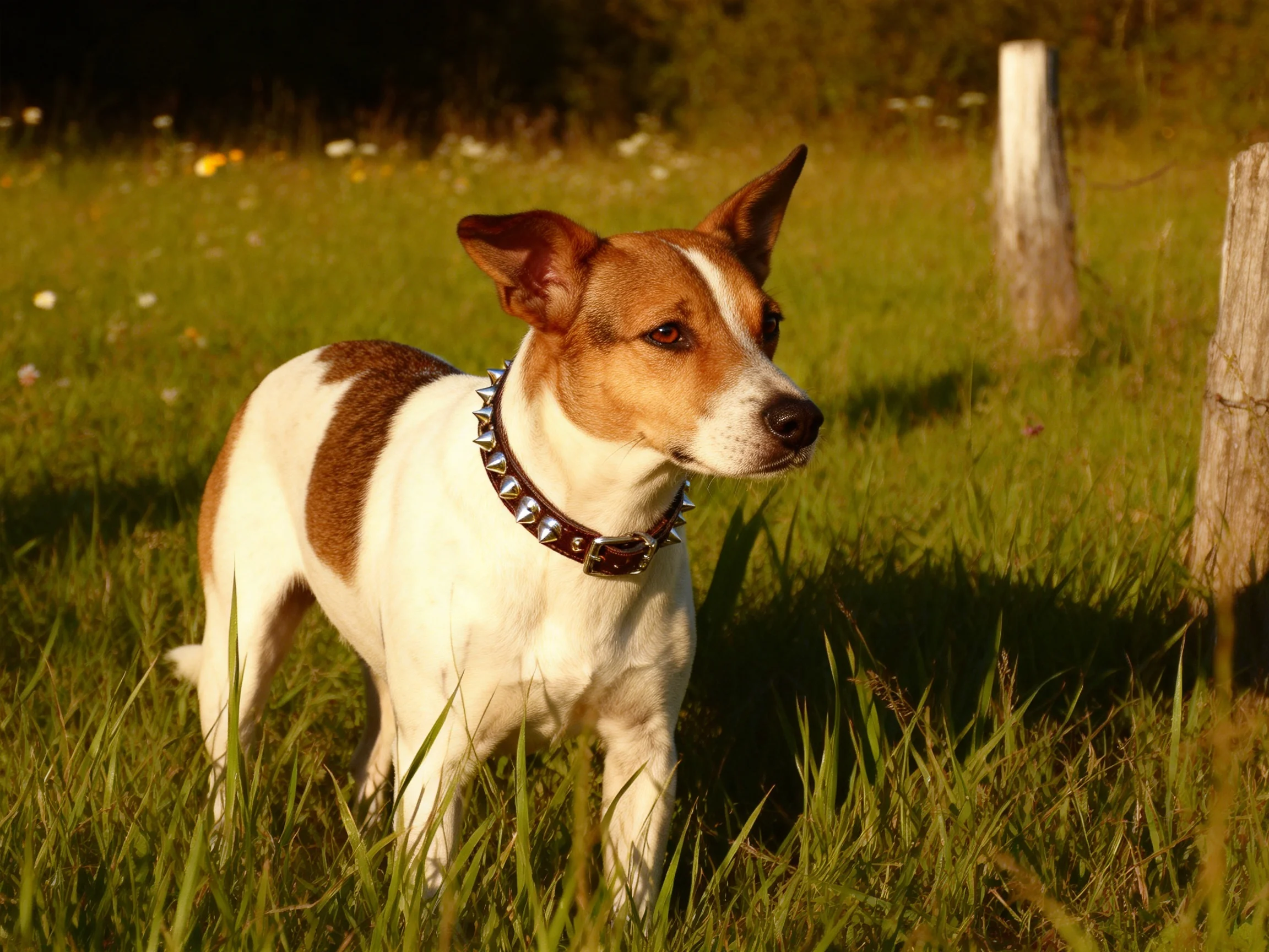 A brown-and-white dog stands in tall green grass near wooden fence posts