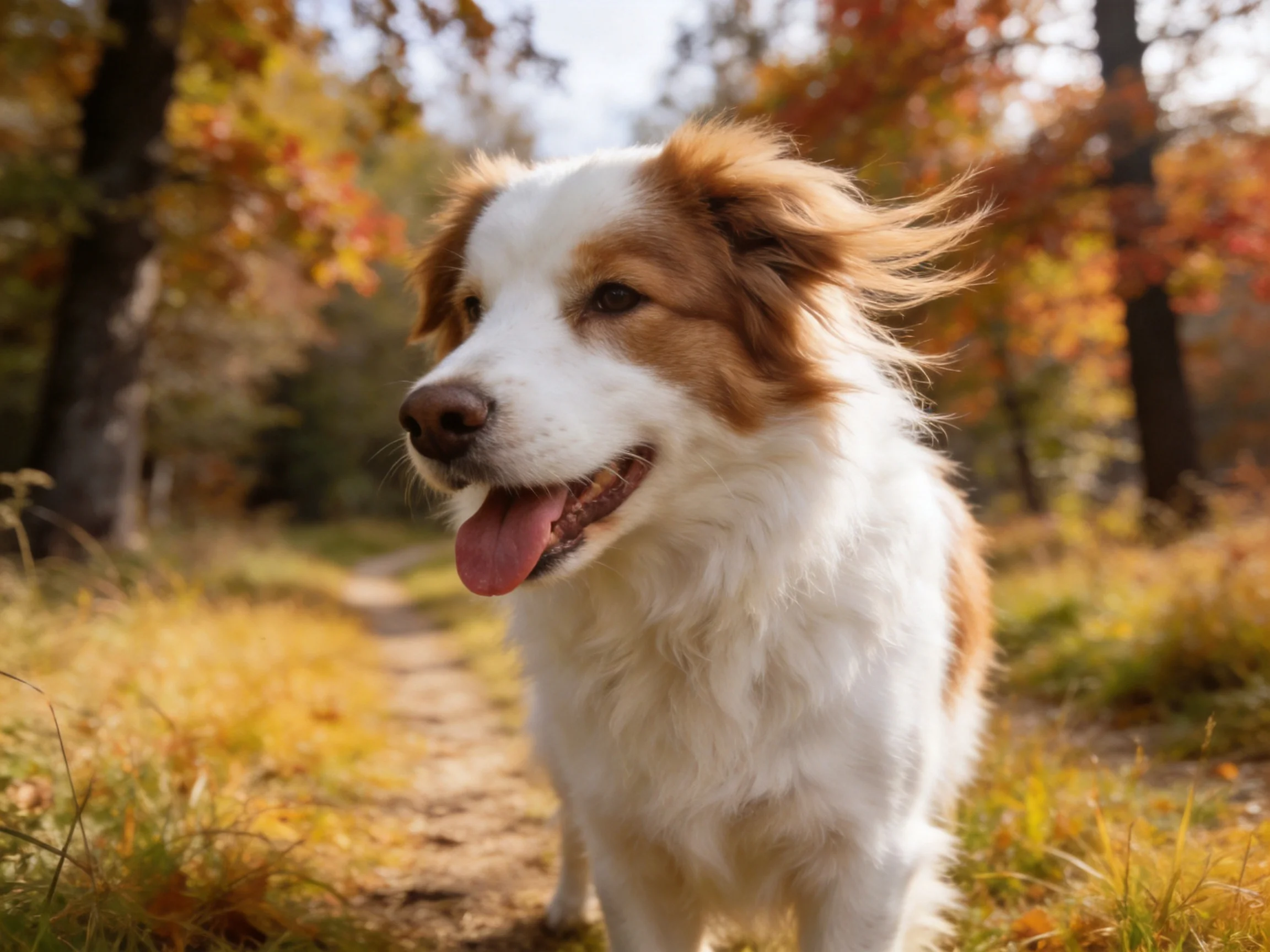 A brown-and-white dog stands on a dirt path amid golden fall foliage