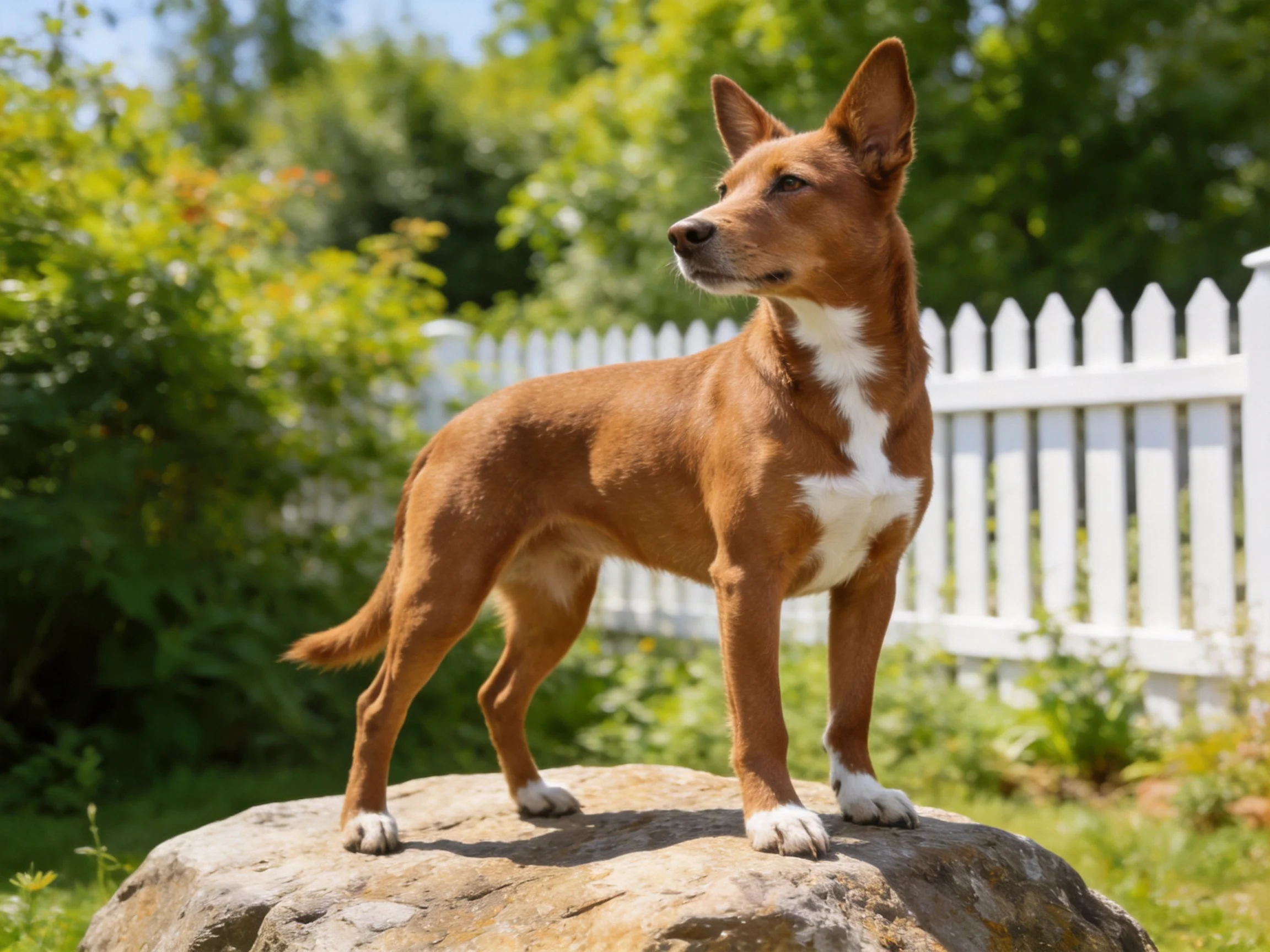 A brown and white dog stands on a large rock near a white picket fence