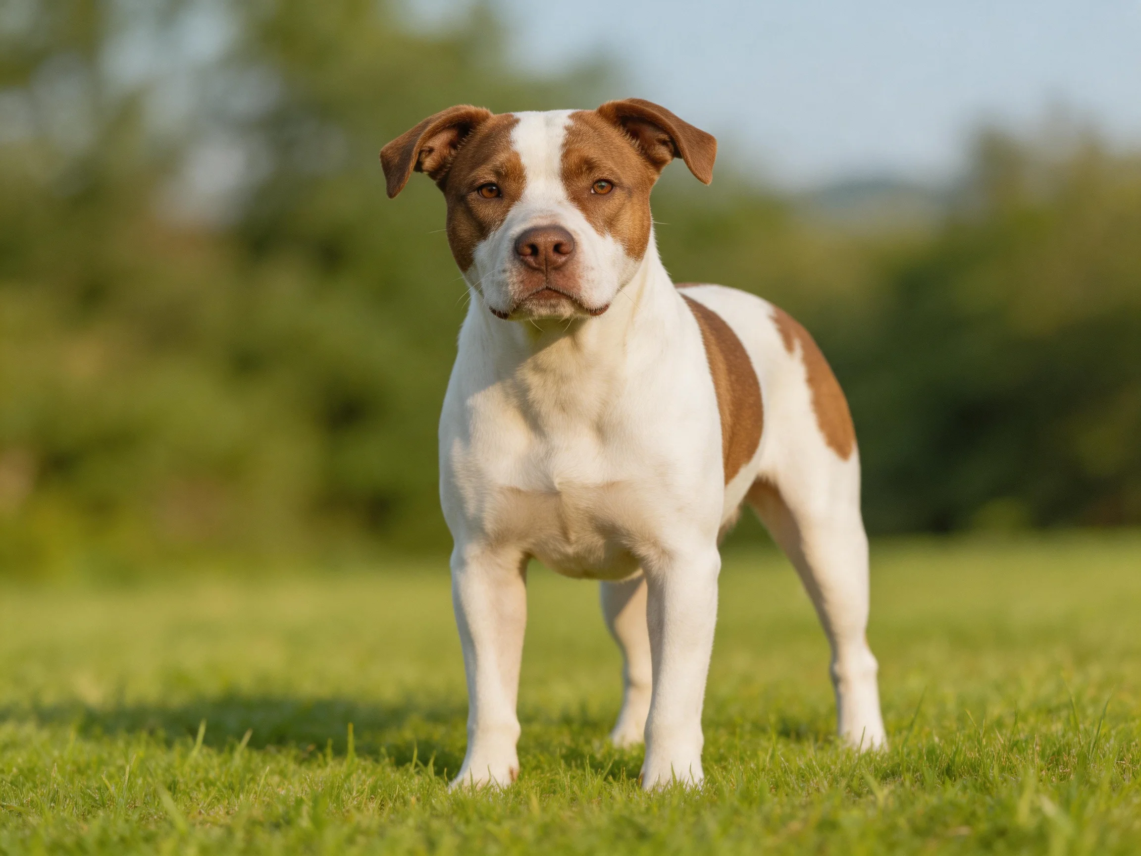 A brown and white dog stands alertly on a green lawn.