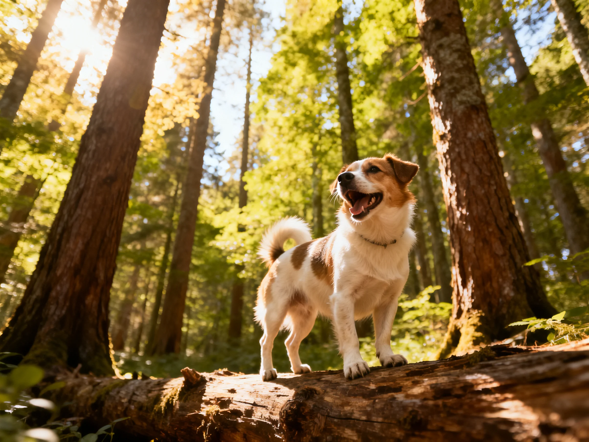 A brown-and-white dog stands on a mossy fallen log amid tall green trees