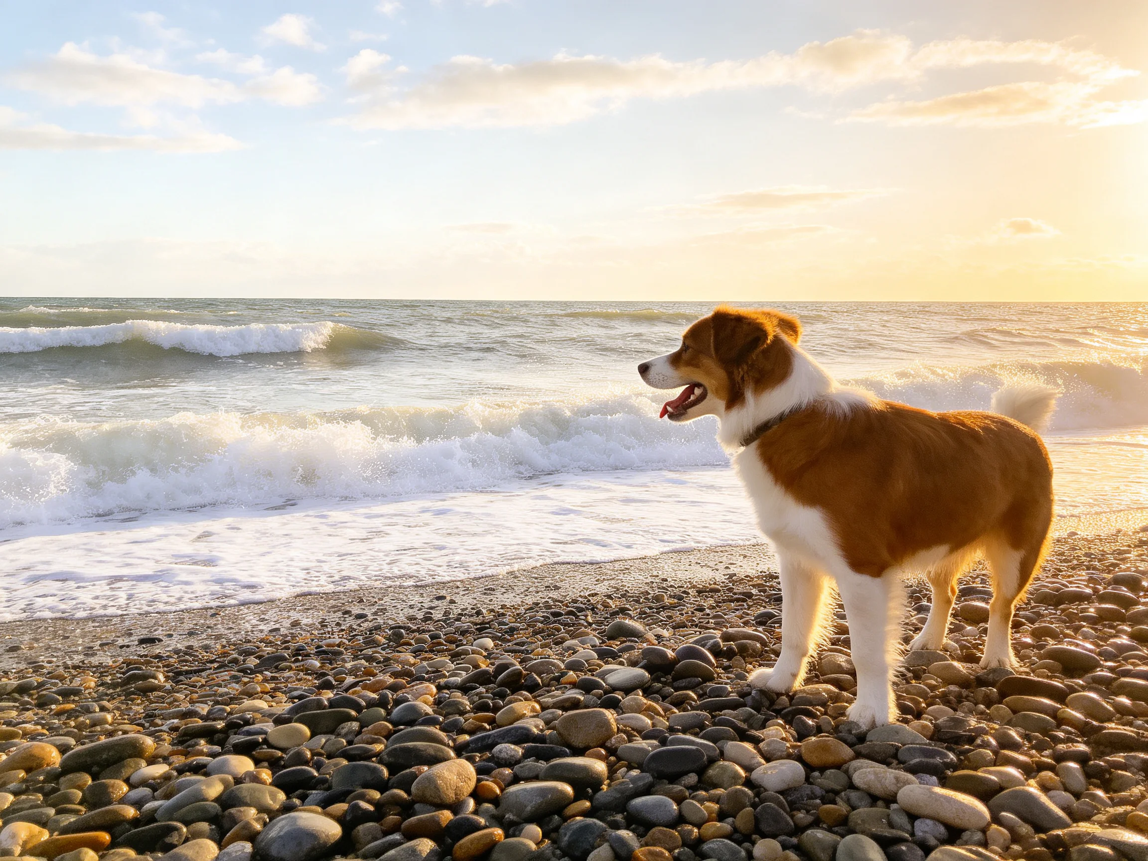 A brown and white dog stands on a pebbly shore near crashing waves