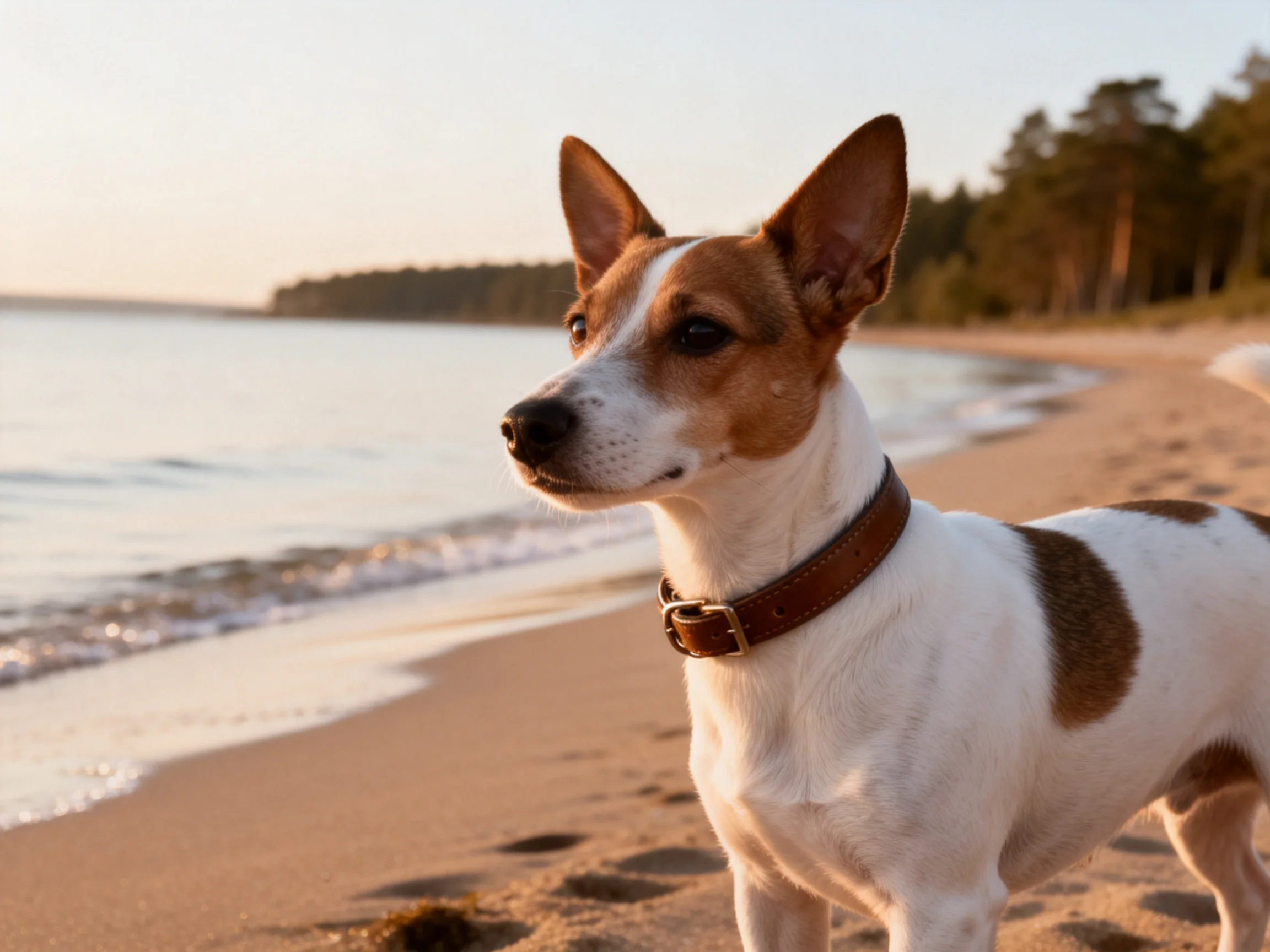 A brown-and-white dog stands on a sandy beach by calm waters.