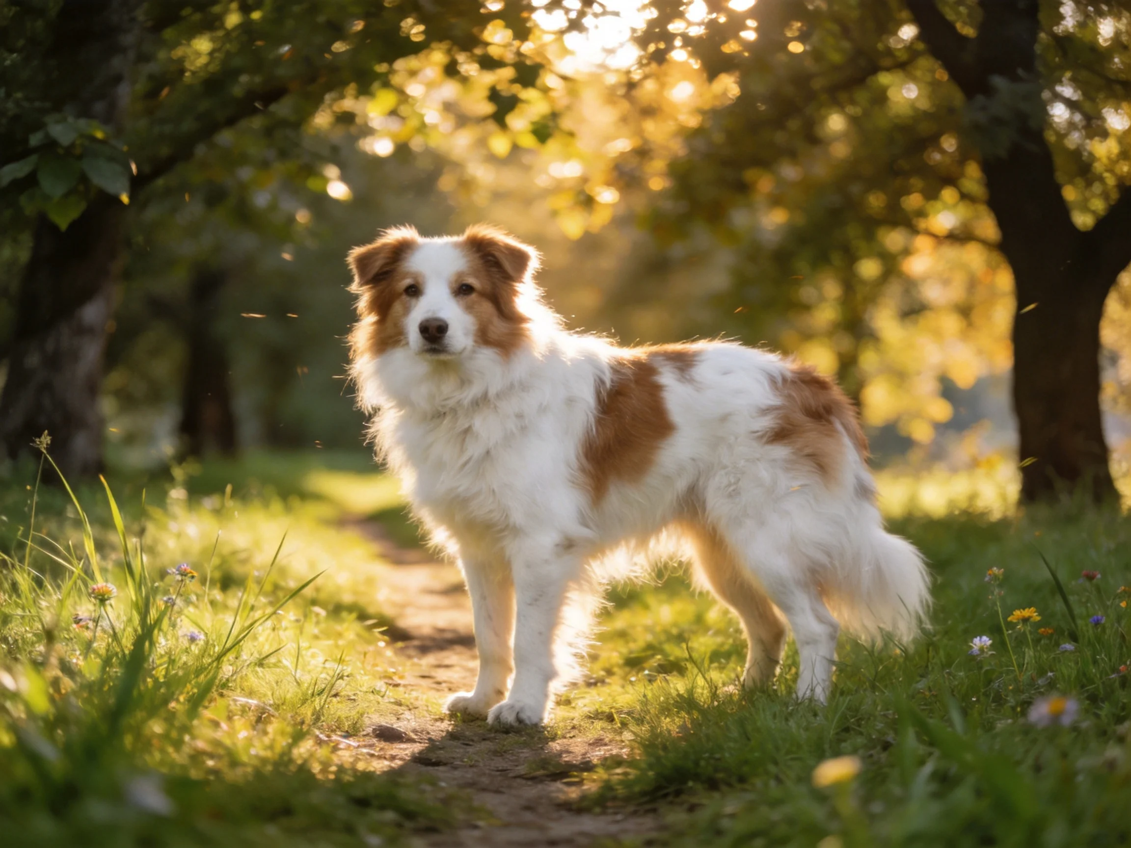 A brown and white dog stands on a sunlit forest path.