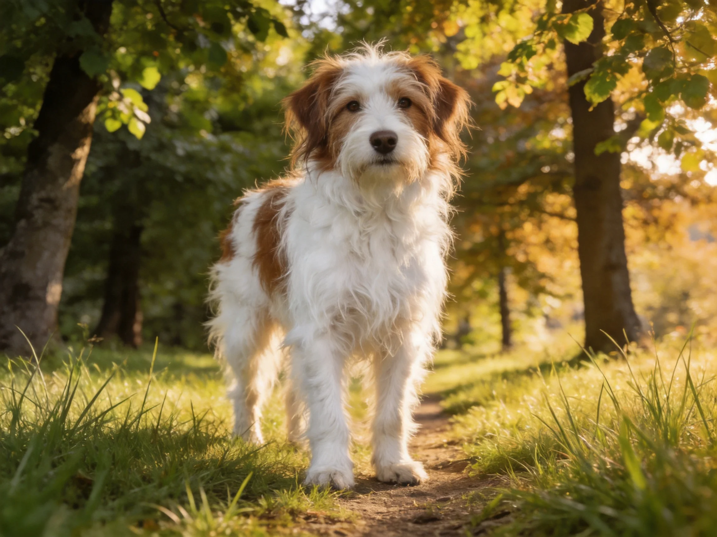 A brown-and-white dog stands on a sunlit forest path surrounded by trees and grass.
