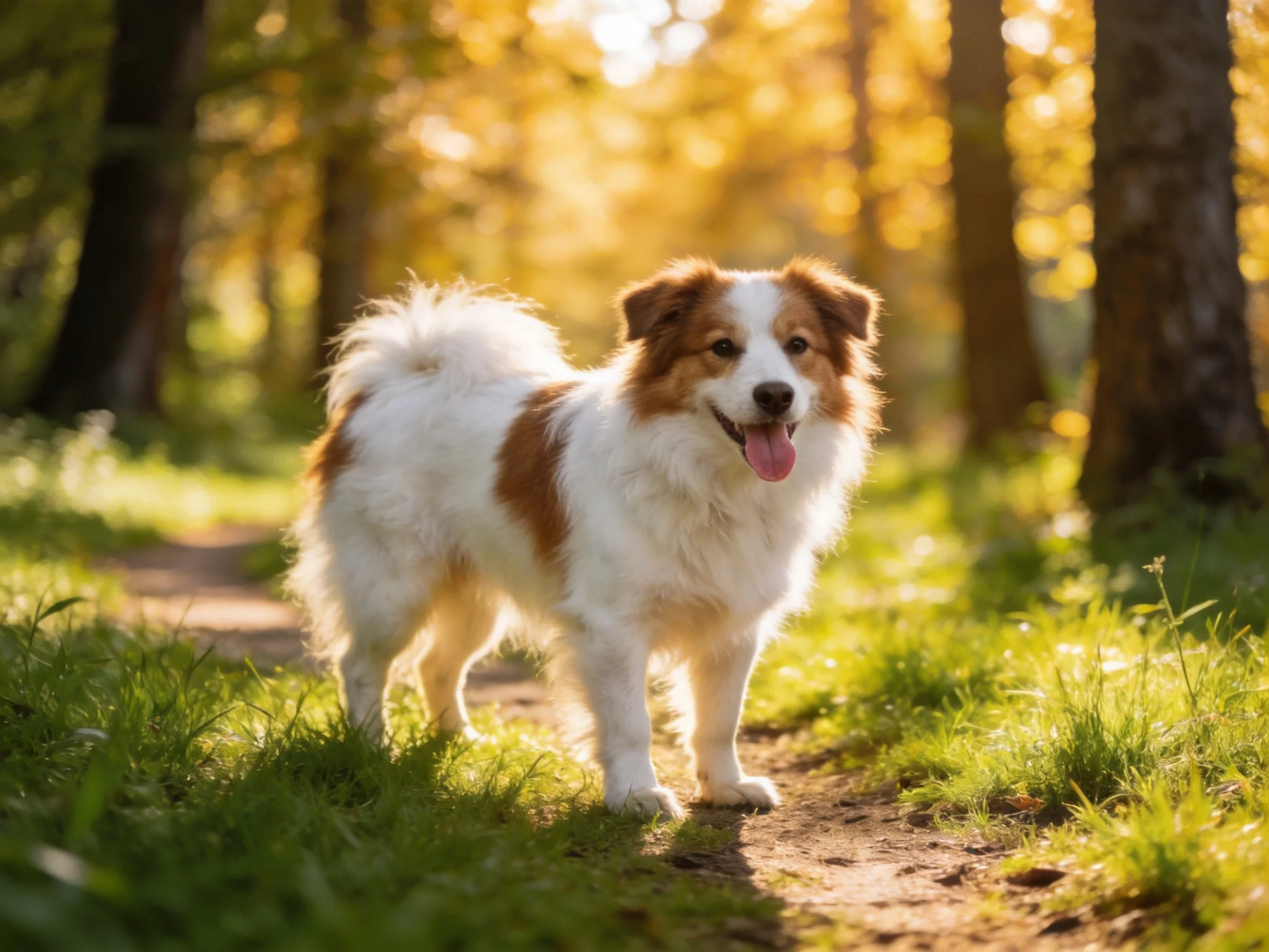 A brown-and-white dog relaxes on a sunlit forest path