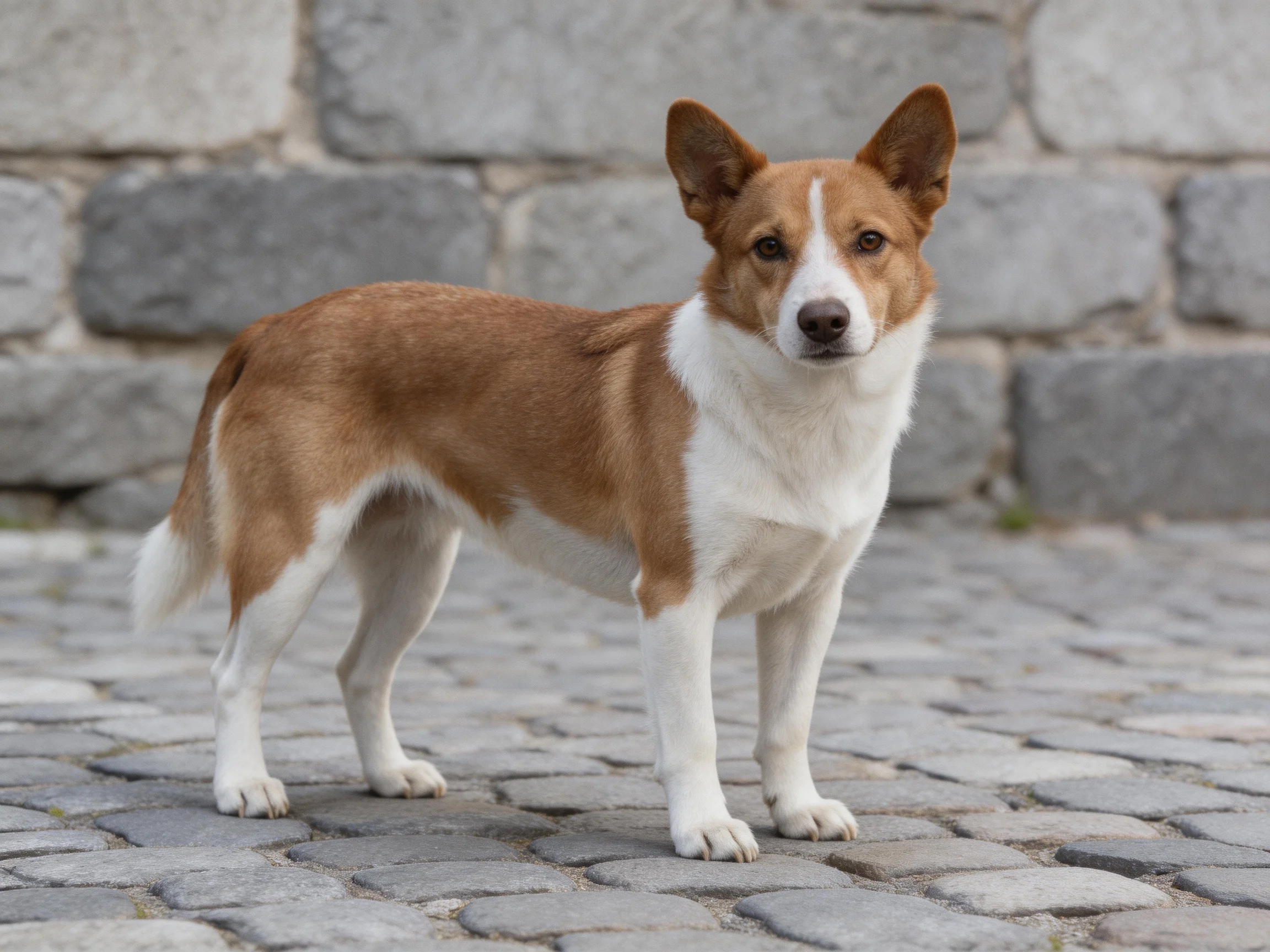 A brown and white dog stands on cobblestones near a stone wall.