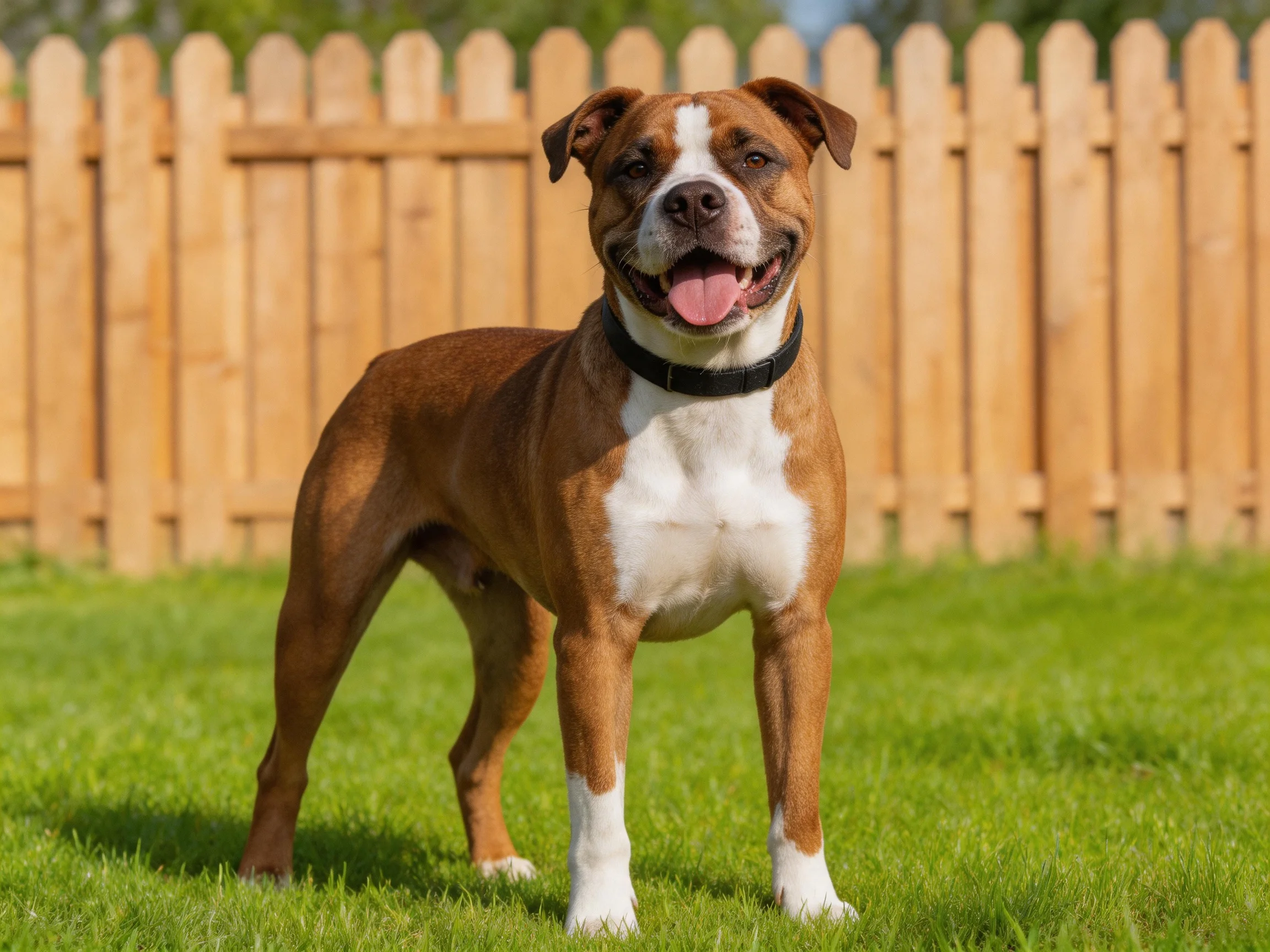 A brown and white dog stands on green grass next to a wooden fence.