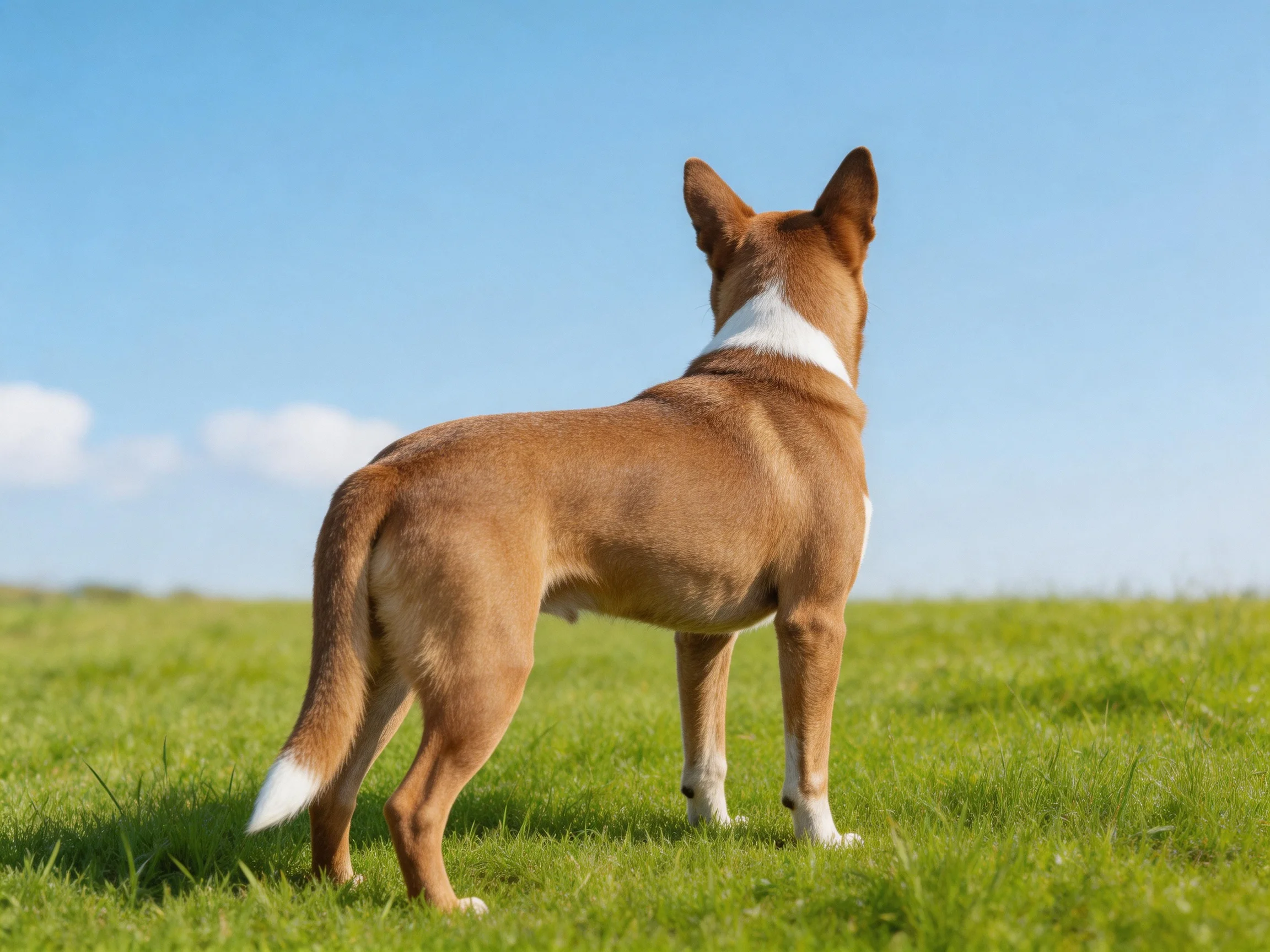 A brown and white dog stands on grass, gazing at the open landscape.